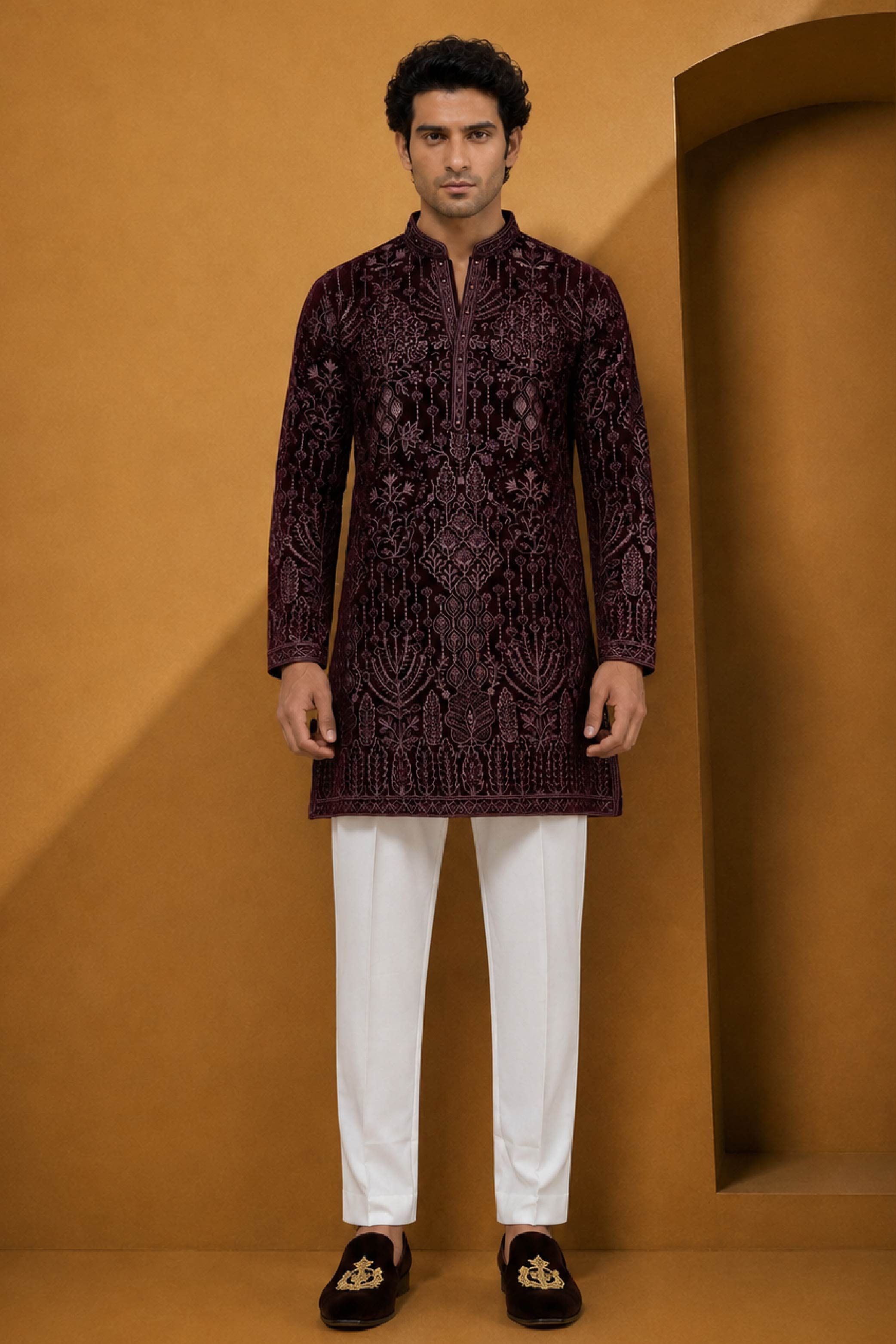 Wine Velvet Designer Kurta Pajama Set