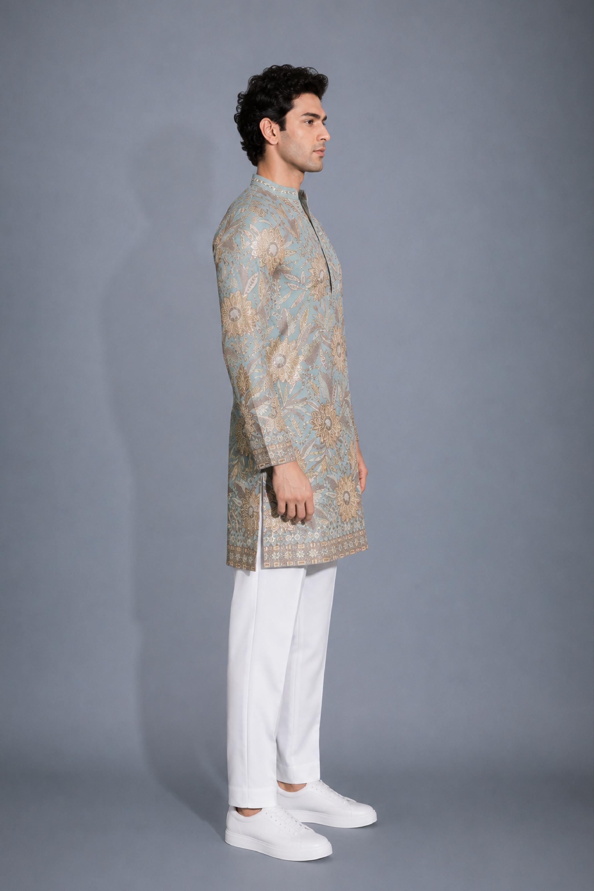 Aqua Shifon Embroidery V Neck Kurta Pajama Set for Men