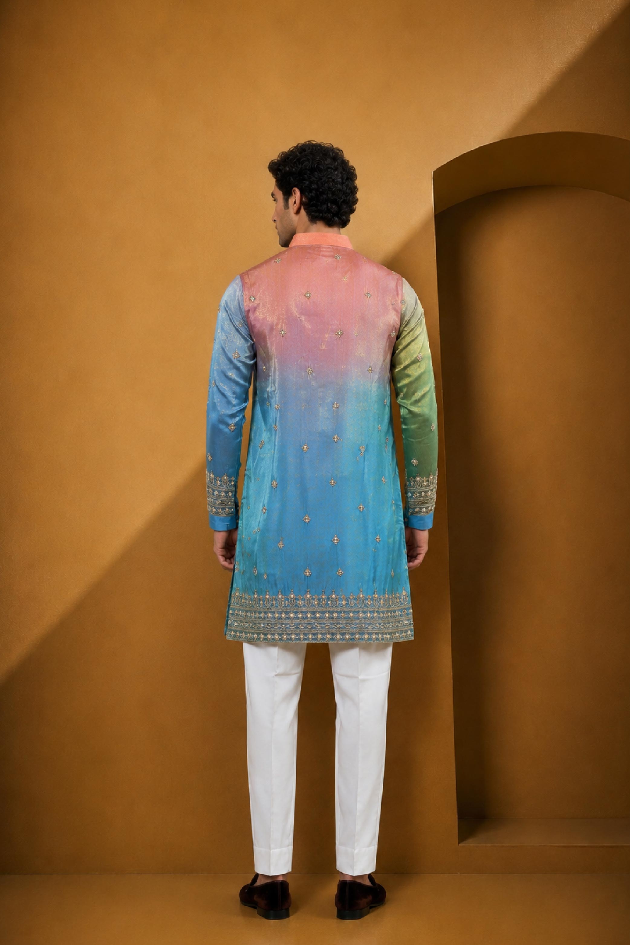 Sky Blue Silk Embroidery V Neck Parallel Pant Kurta Pajama Set for Men