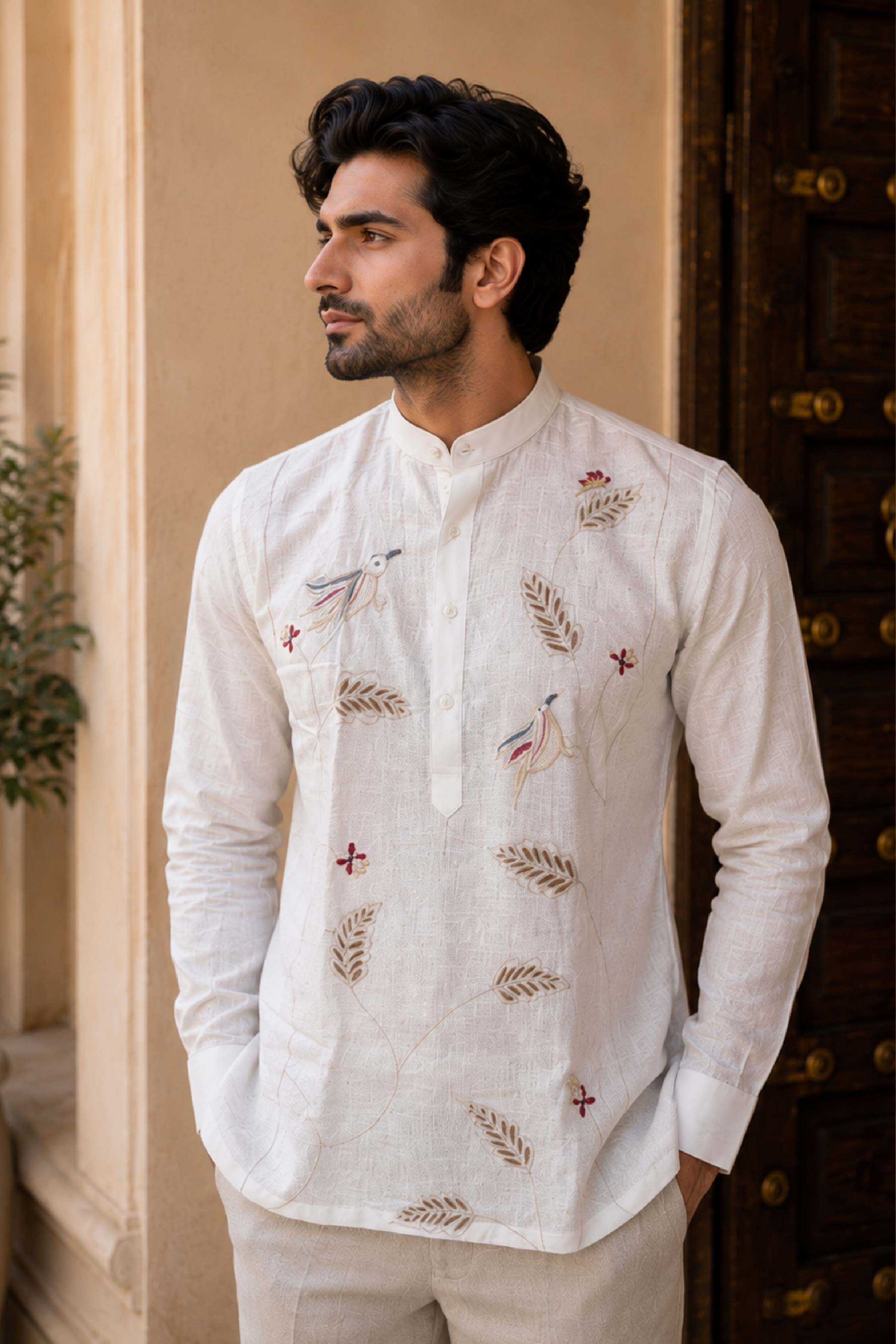 White Linen Embroidery Chinese Collar Designer FS Kurta for Men