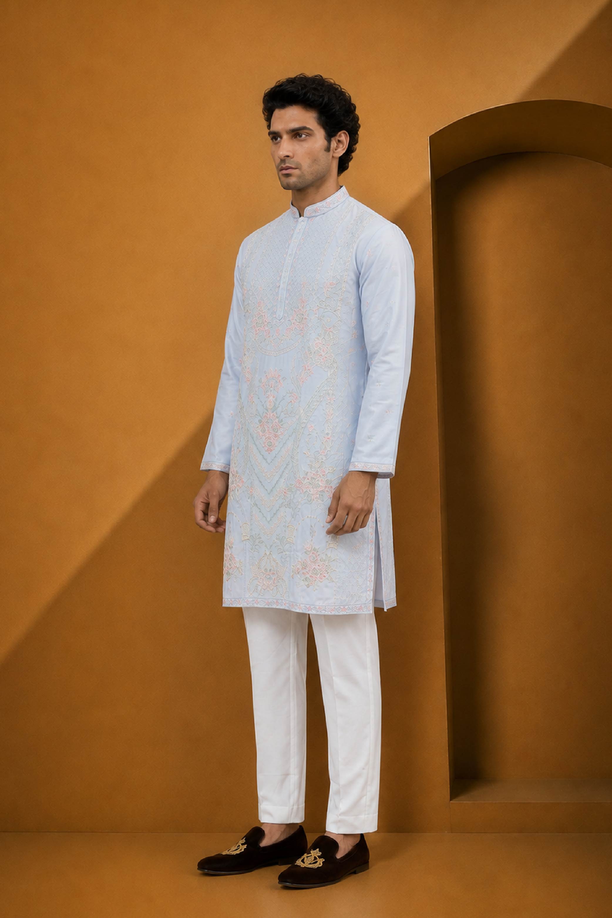 P Blue Silk Designer Kurta Pajama Set
