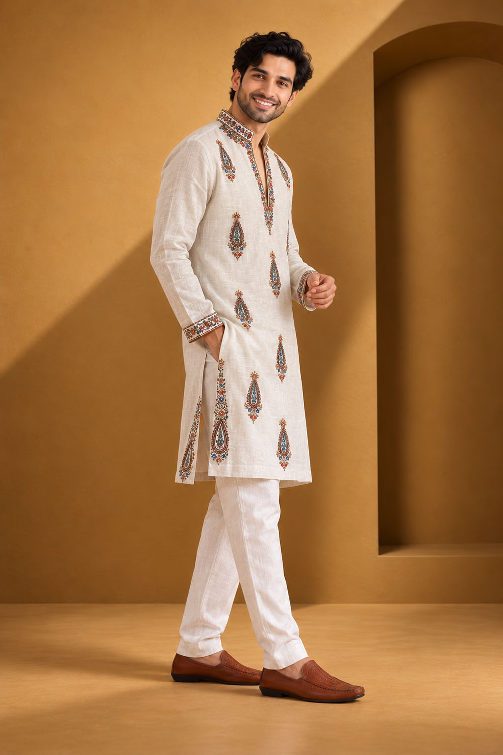 Party Wear Kurta Pajama in Natural with Parallel Pant