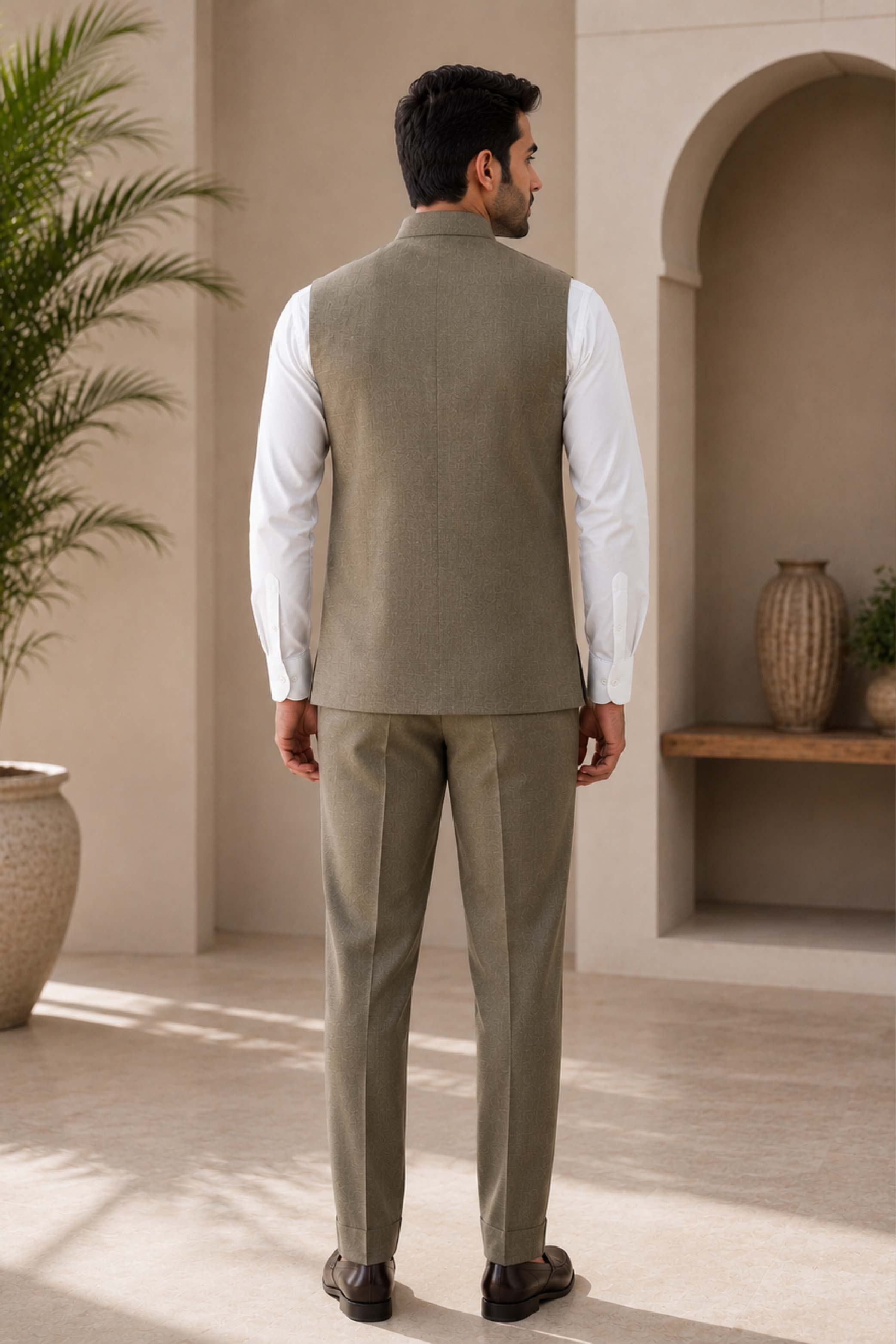 Mehandi Jute Linen Embroidery Jodhpuri Designer Summer Suit for Men