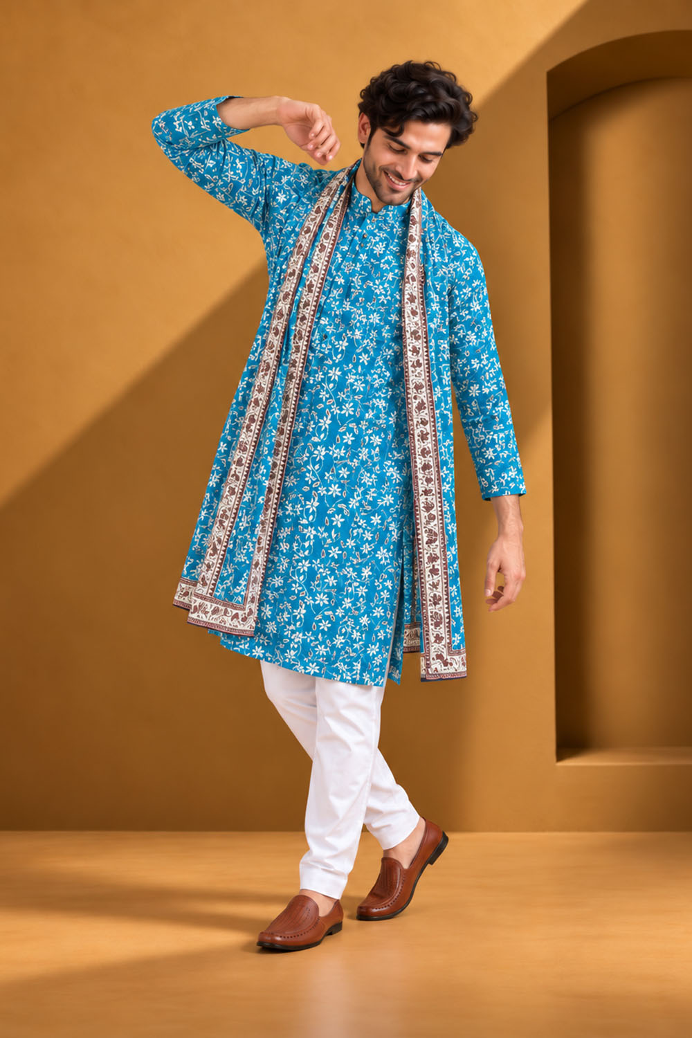 Party Wear Kurta Pajama in Ferozi with Dupatta