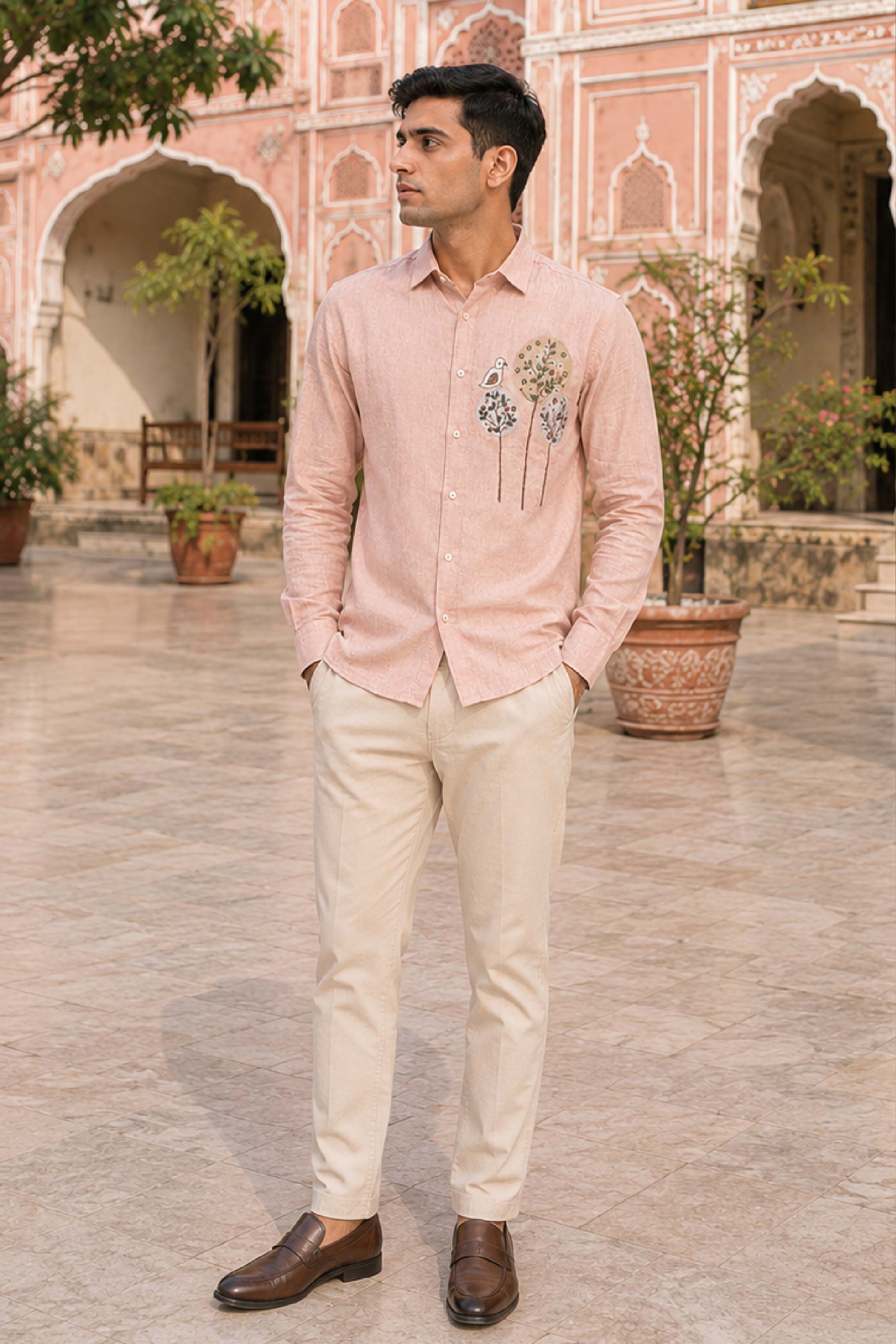 Cream Linen Embroidery Regular Collar Designer FS Shirt for Men