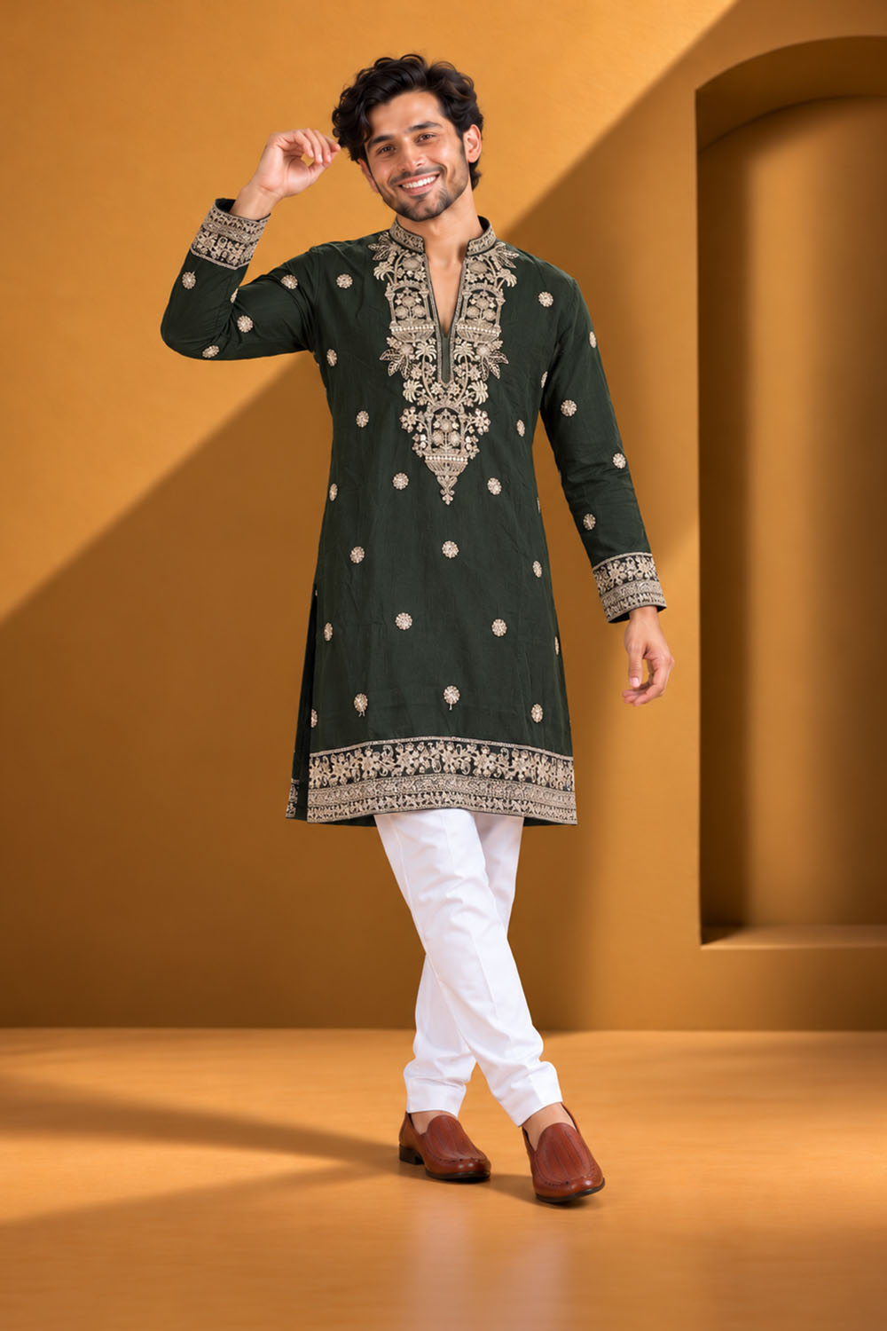 Party Wear Kurta Pajama in Mehandi with Dupatta