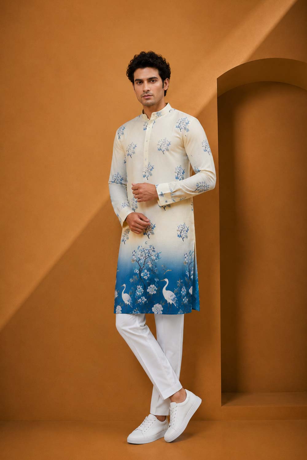 Blue Cotton Print Jodhpuri Designer Summer Suit for Men