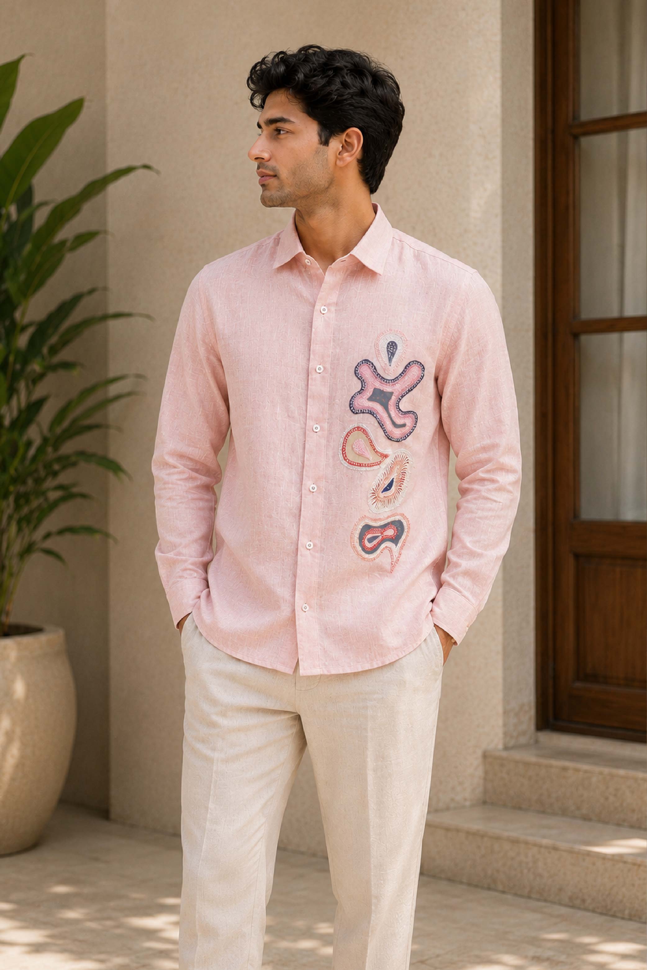 Peach Linen Embroidery Regular Collar Designer FS Shirt for Men