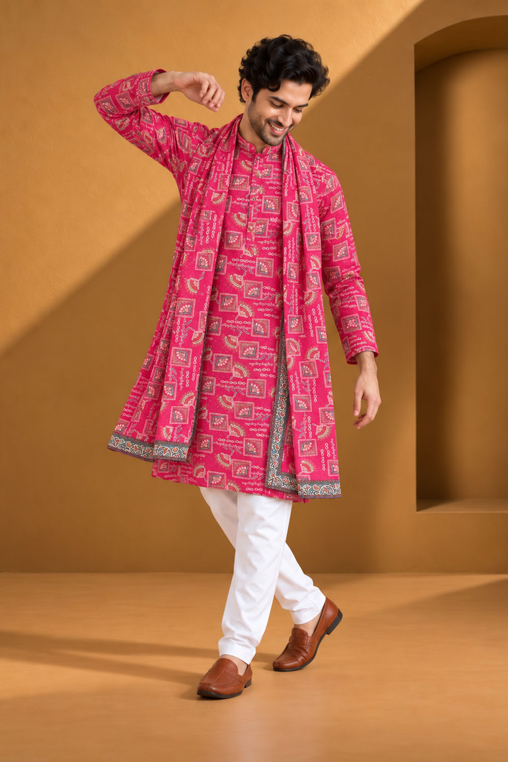 Party Wear Kurta Pajama in Rani Embroidery with Dupatta