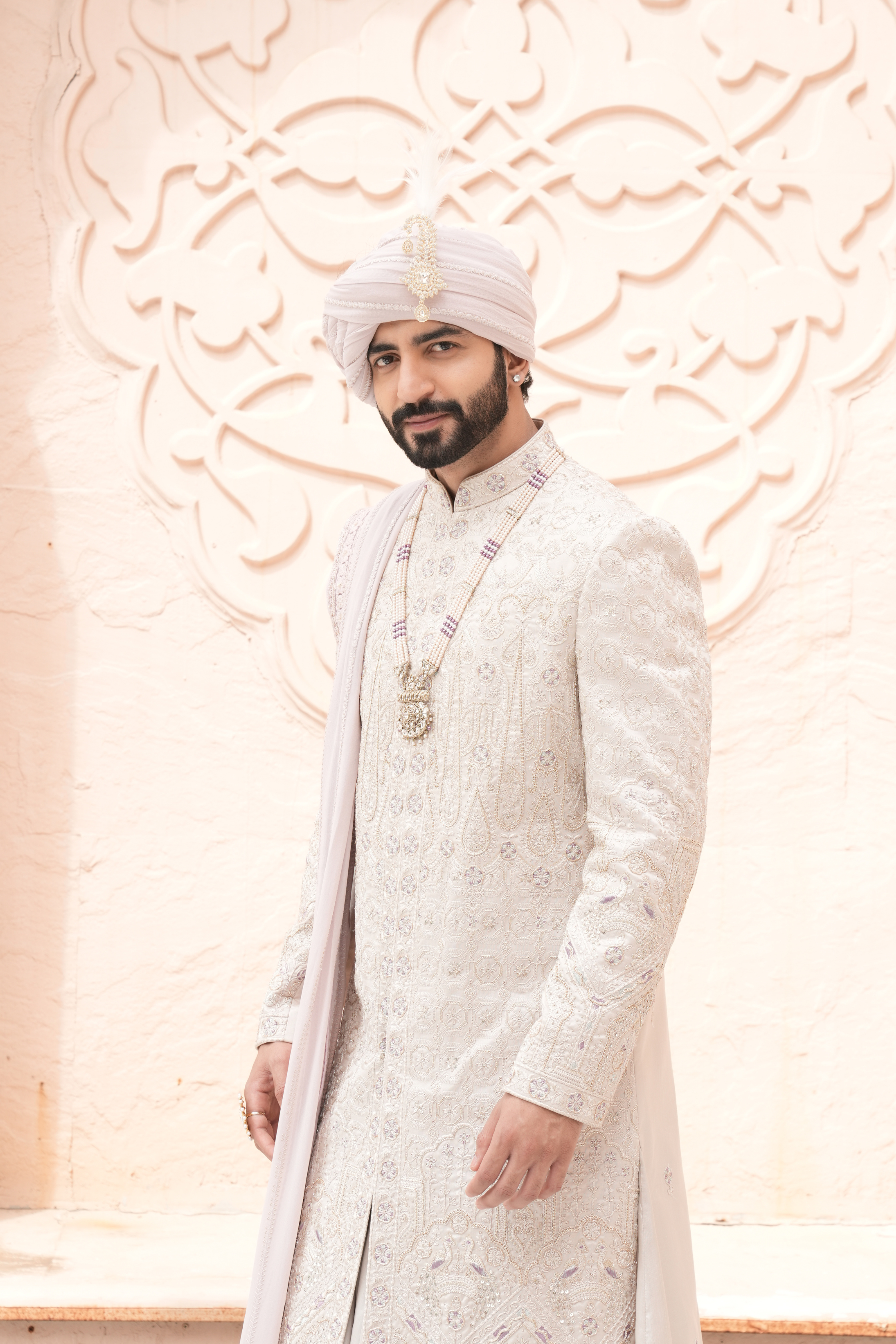 Fawn Lavender Color Anarkali Sherwani for Men
