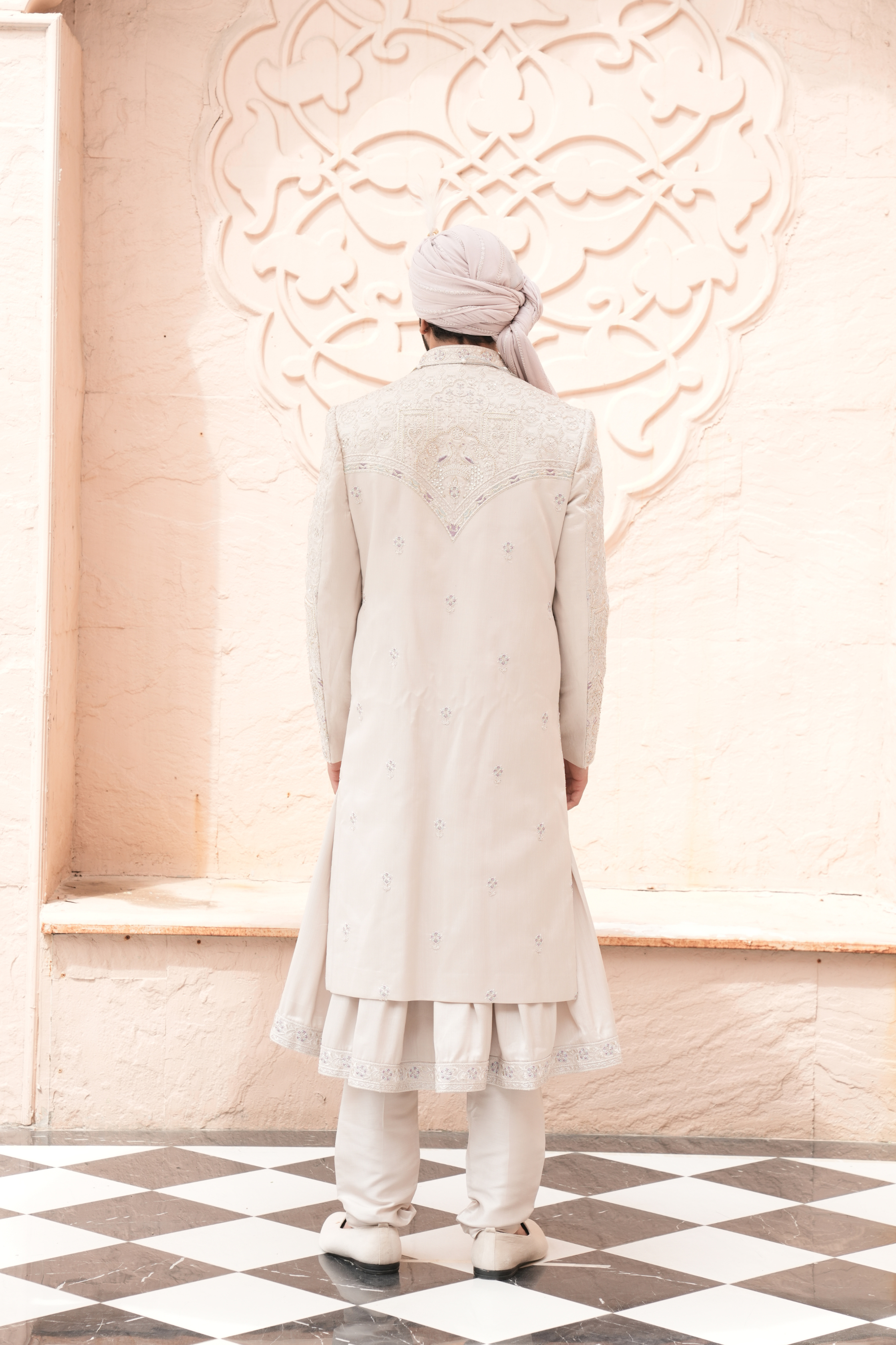 Fawn Lavender Color Anarkali Sherwani for Men