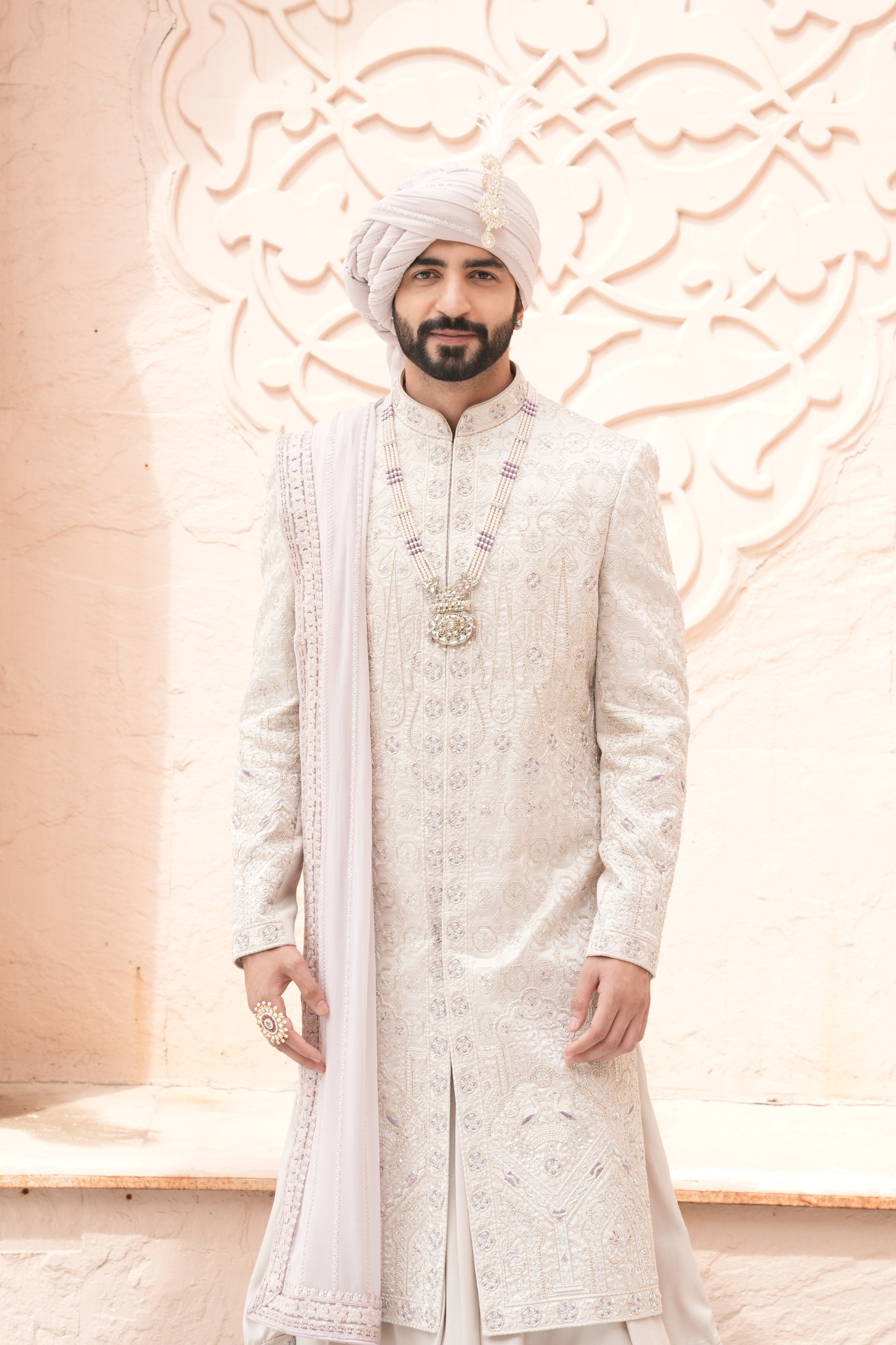 Fawn Lavender Color Anarkali Sherwani for Men