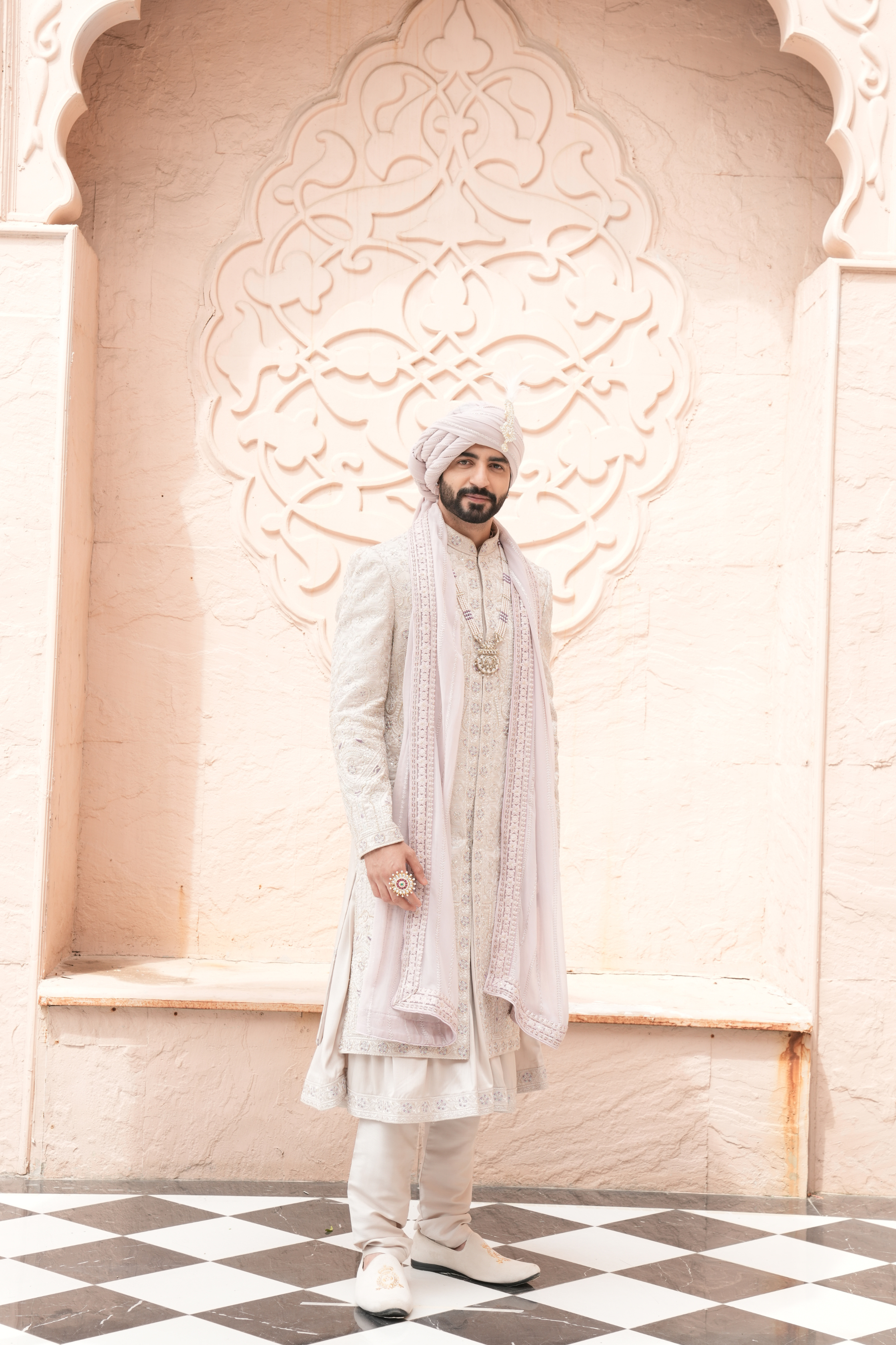 Fawn Lavender Color Anarkali Sherwani for Men