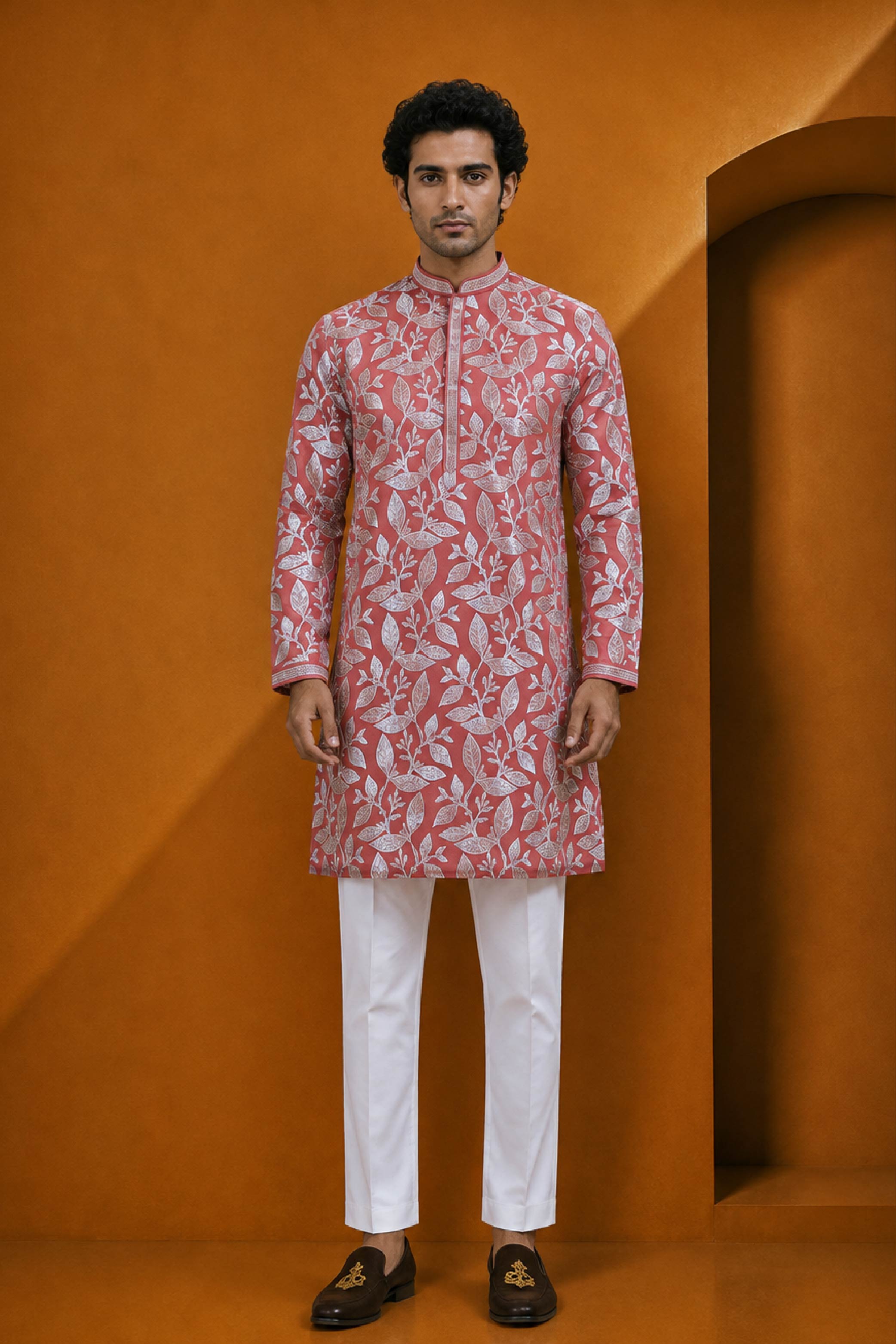 Rust Silk Designer Kurta Pajama Set