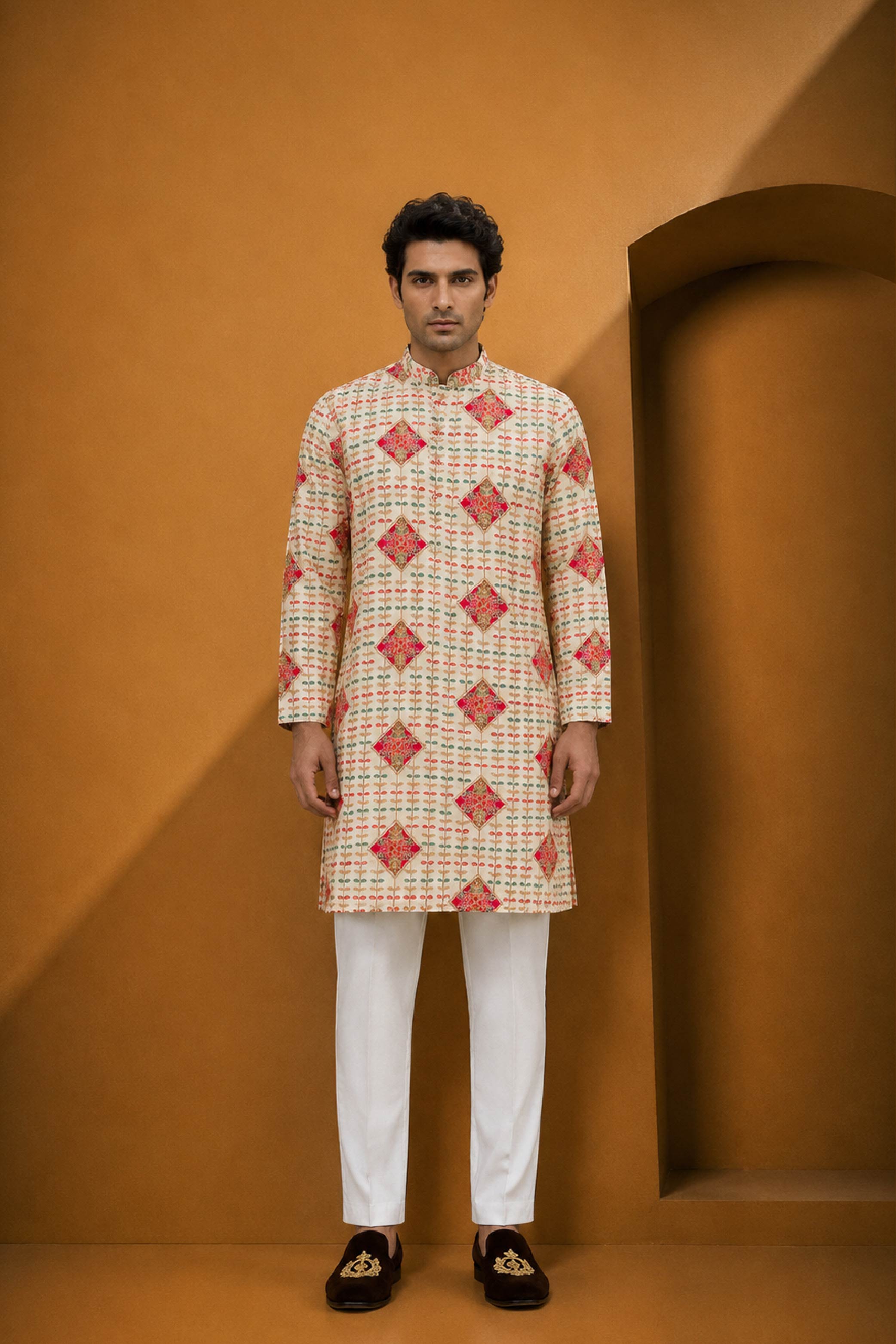 Cream Multi Silk Designer Kurta Pajama Set