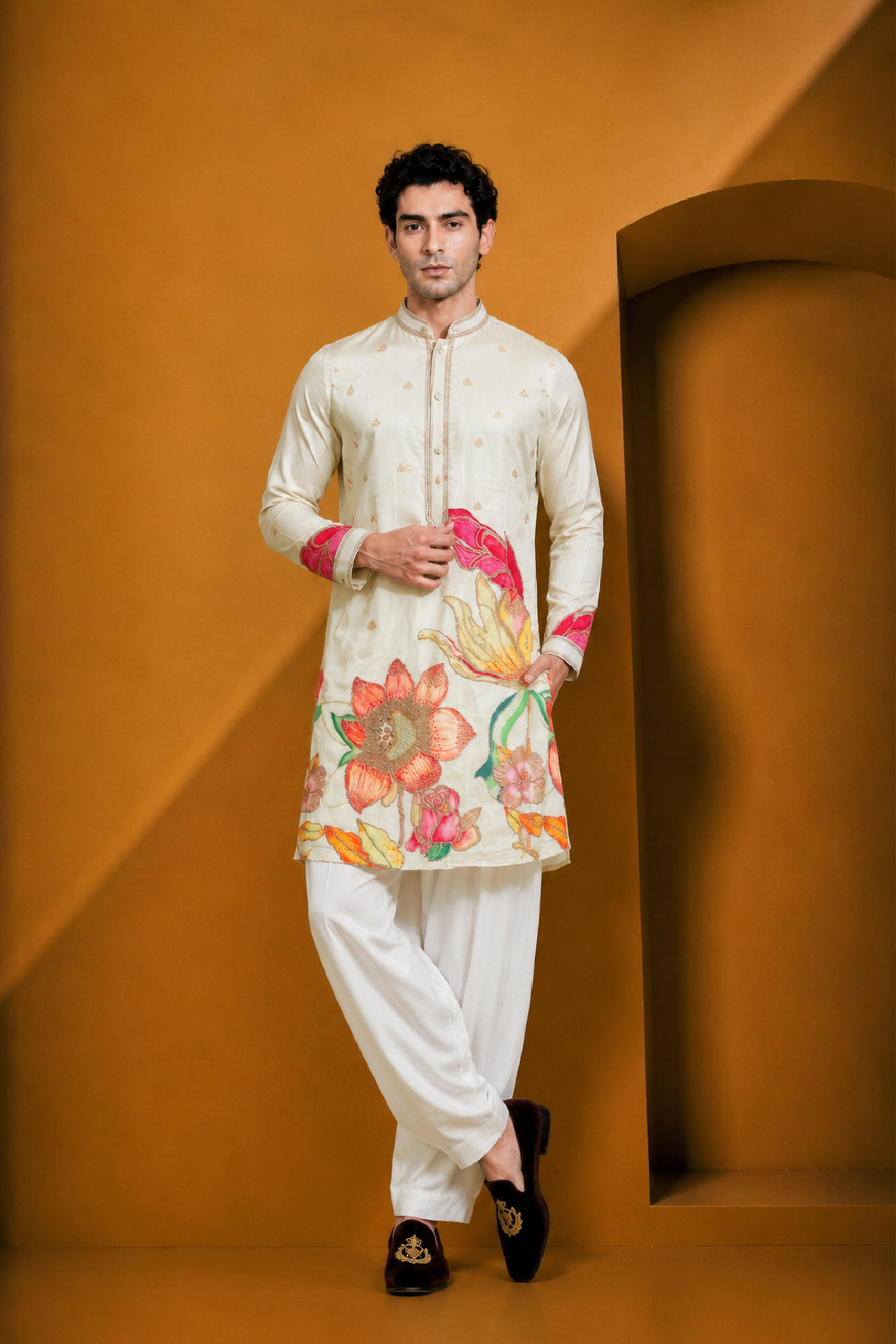 Cream Multi Silk Embroidery Jodhpuri Afghani Kurta Pajama Set for Men