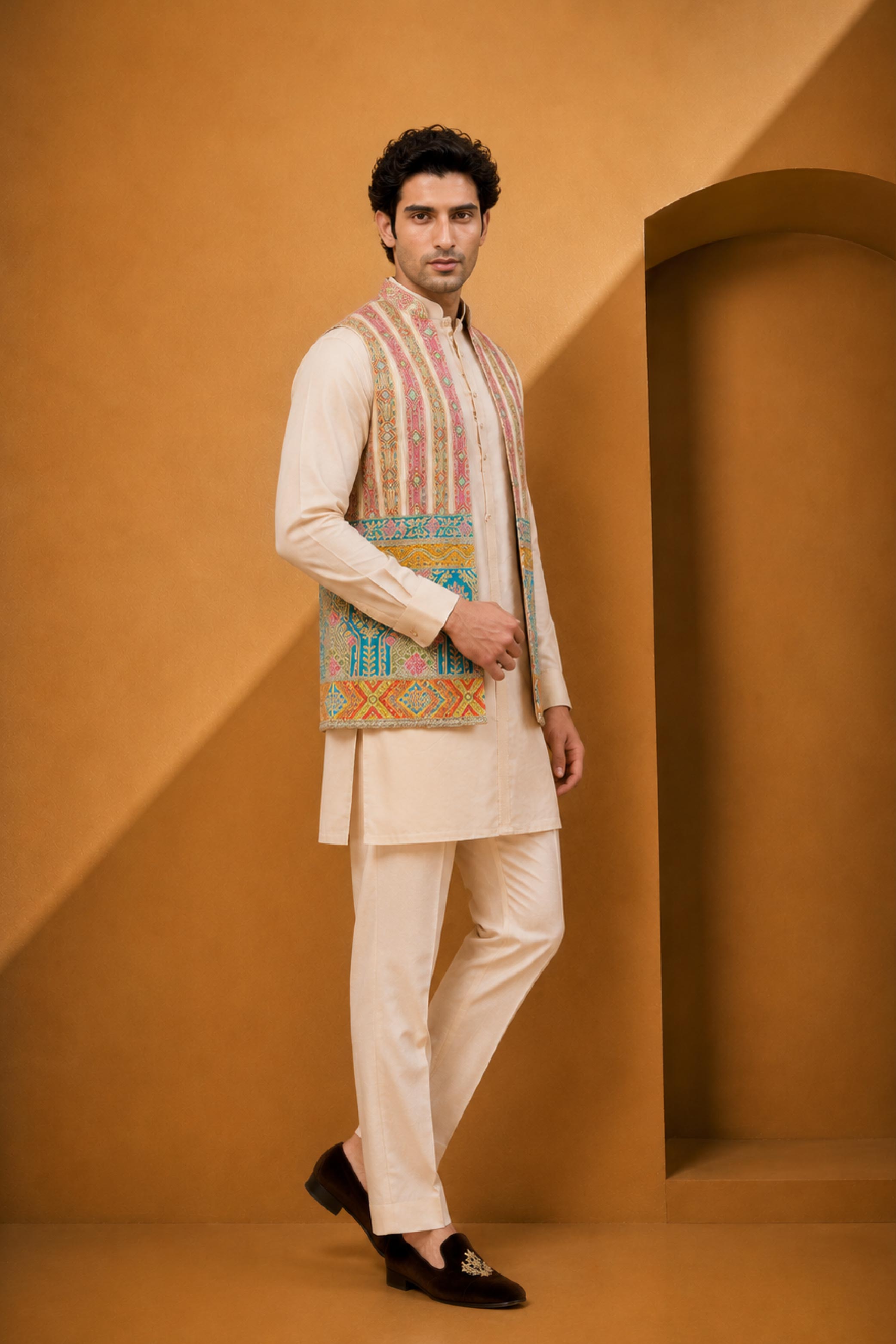 Mustard Silk Embroidery Jodhpuri Designer Jacket Kurta Set for Men