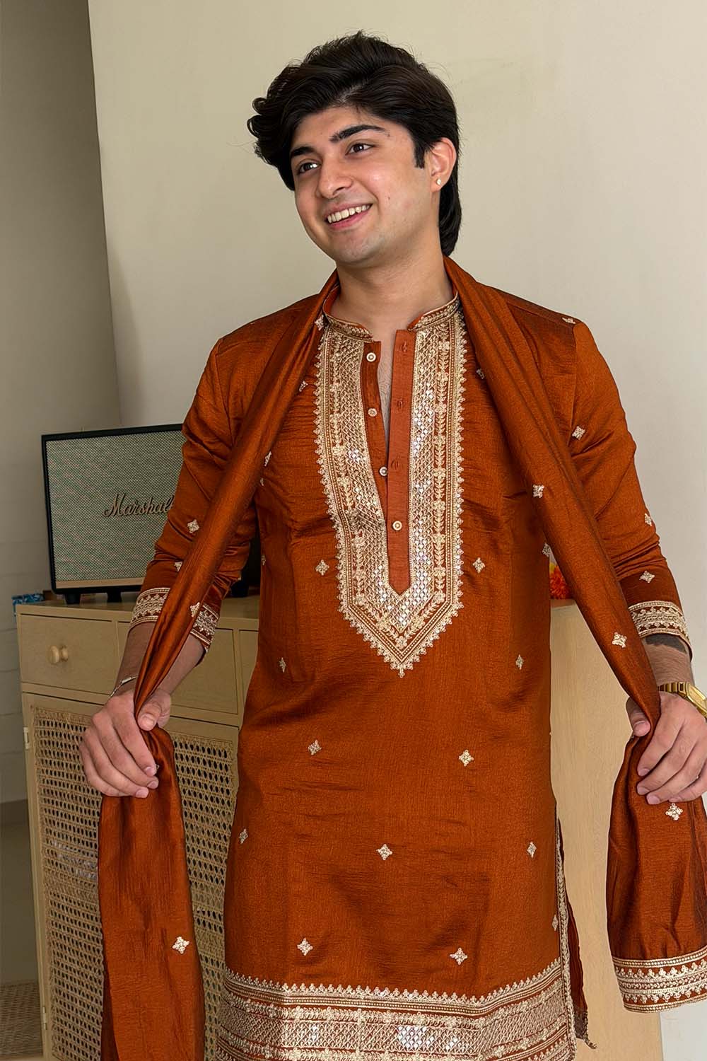Party Wear Kurta Pajama Brown Color Parallel Pant Style