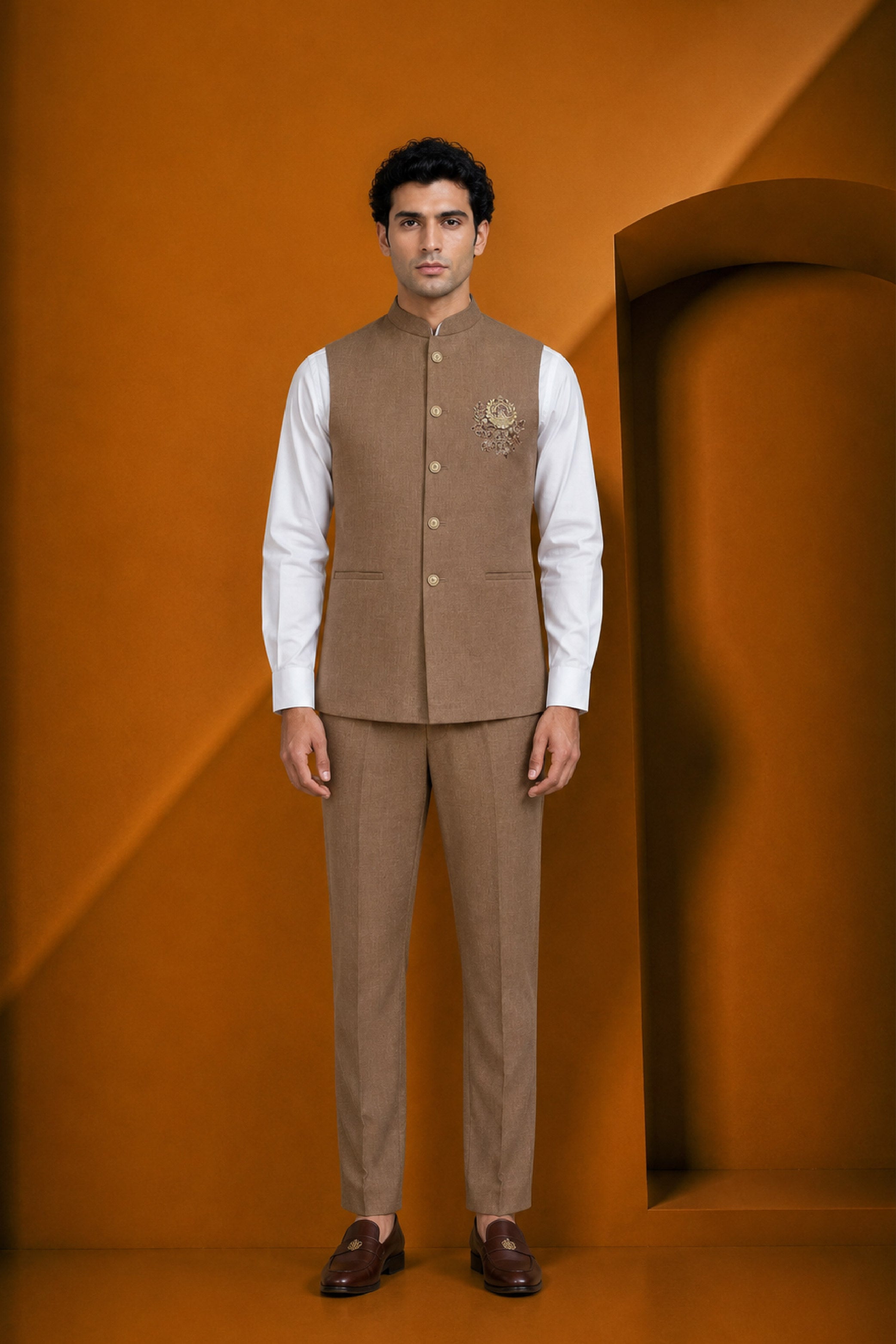 Brown Jute Linen Plain Jodhpuri Designer Summer Suit for Men