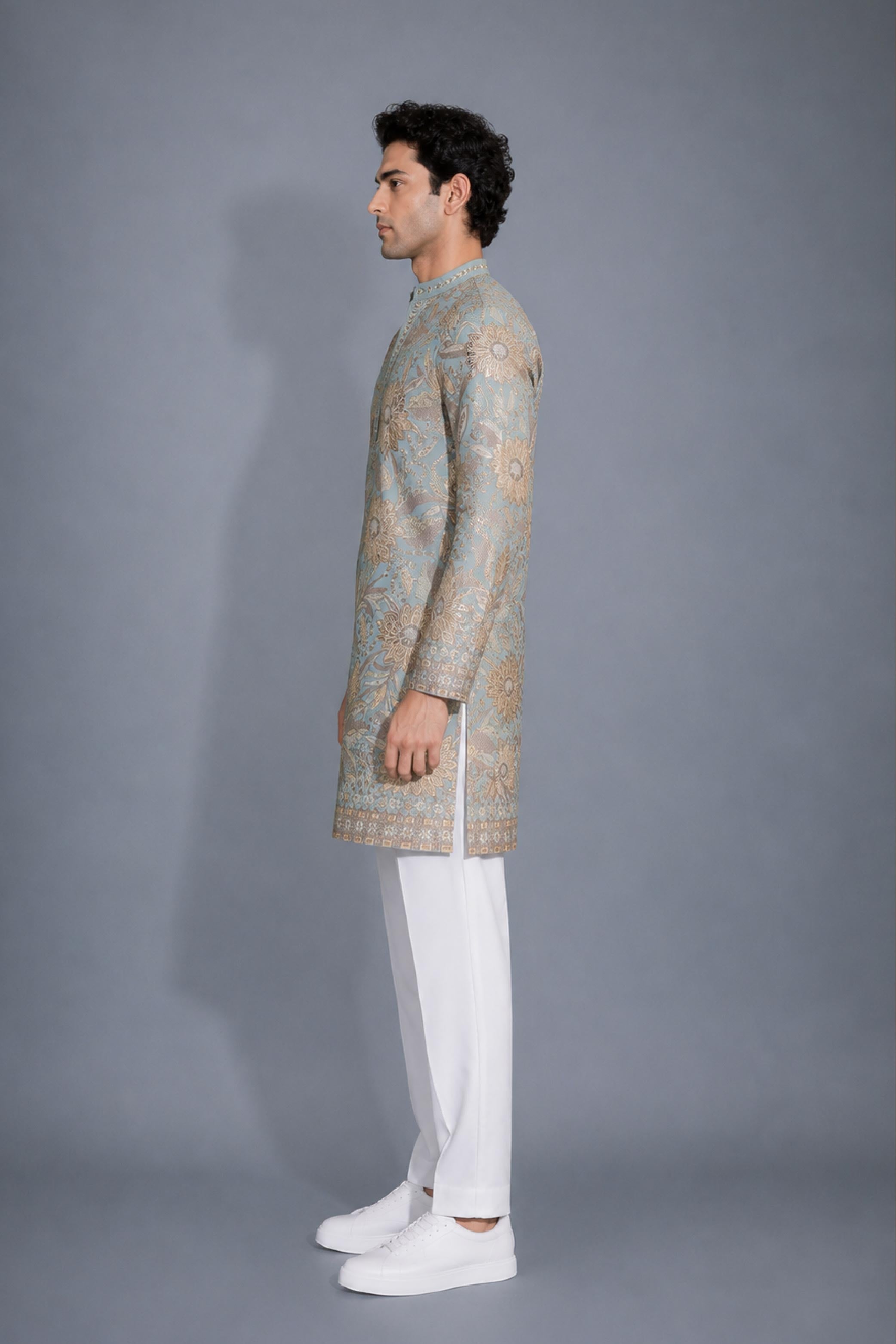 Aqua Shifon Embroidery V Neck Kurta Pajama Set for Men