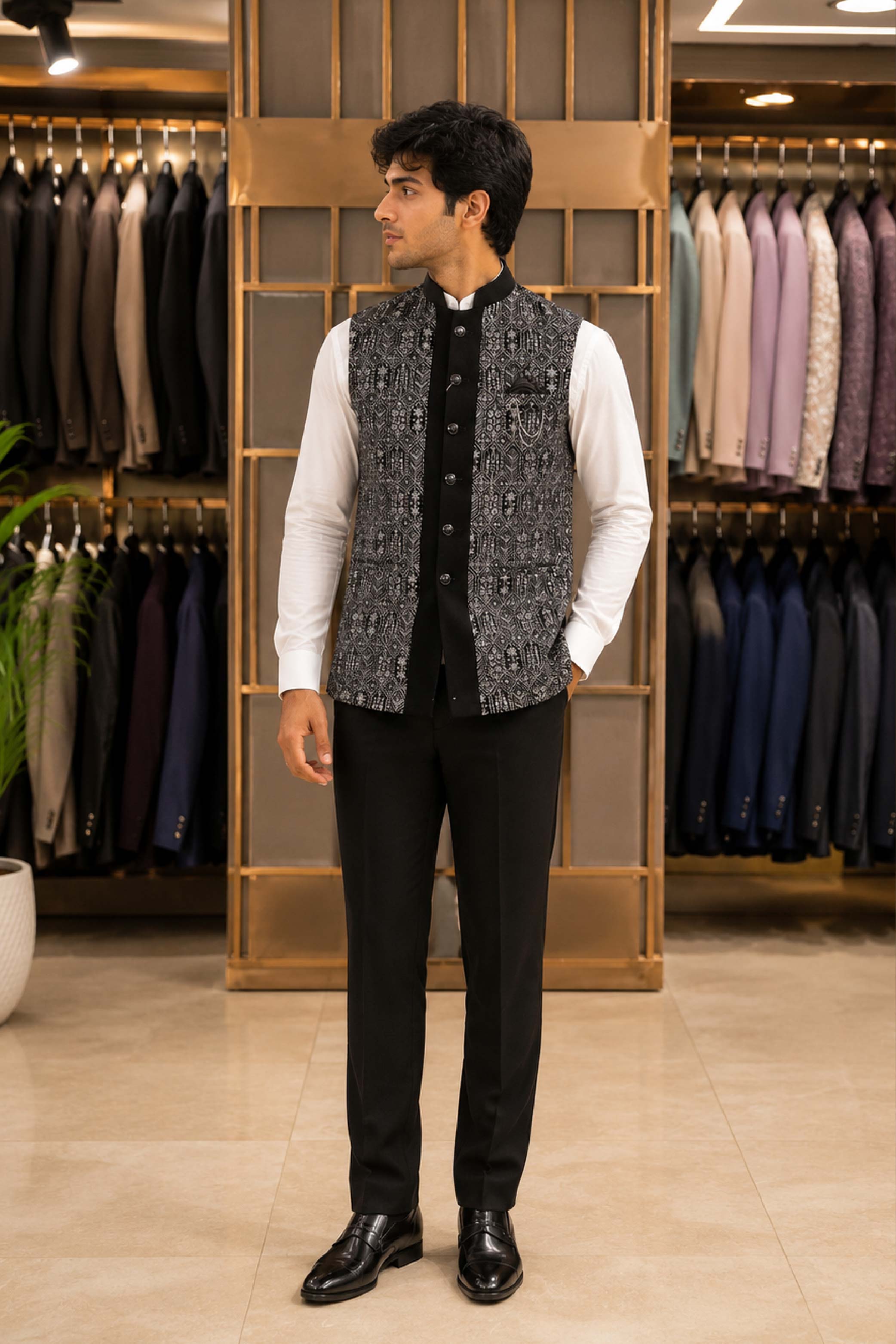 Black Velvet Embroidery Jodhpuri Designer Summer Suit for Men