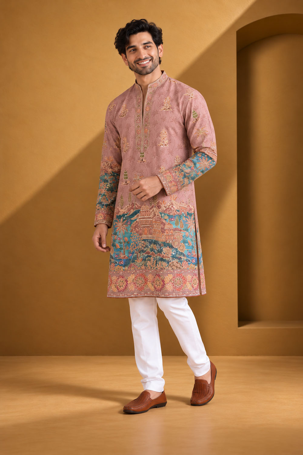 Party Wear Kurta Pajama in Onion with Parallel Pant