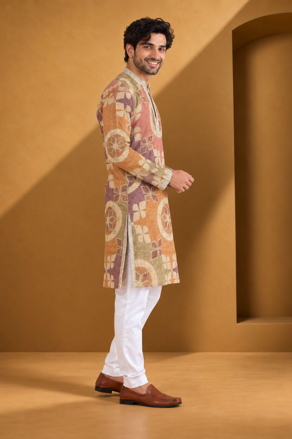 Party Wear Kurta Pajama in Onion Multi with Parallel Pant