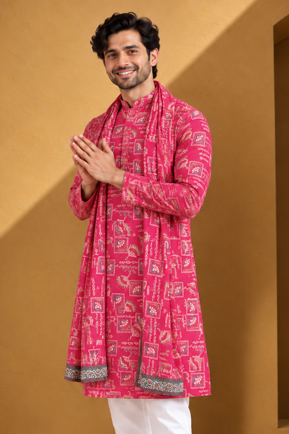 Party Wear Kurta Pajama in Rani Embroidery with Dupatta
