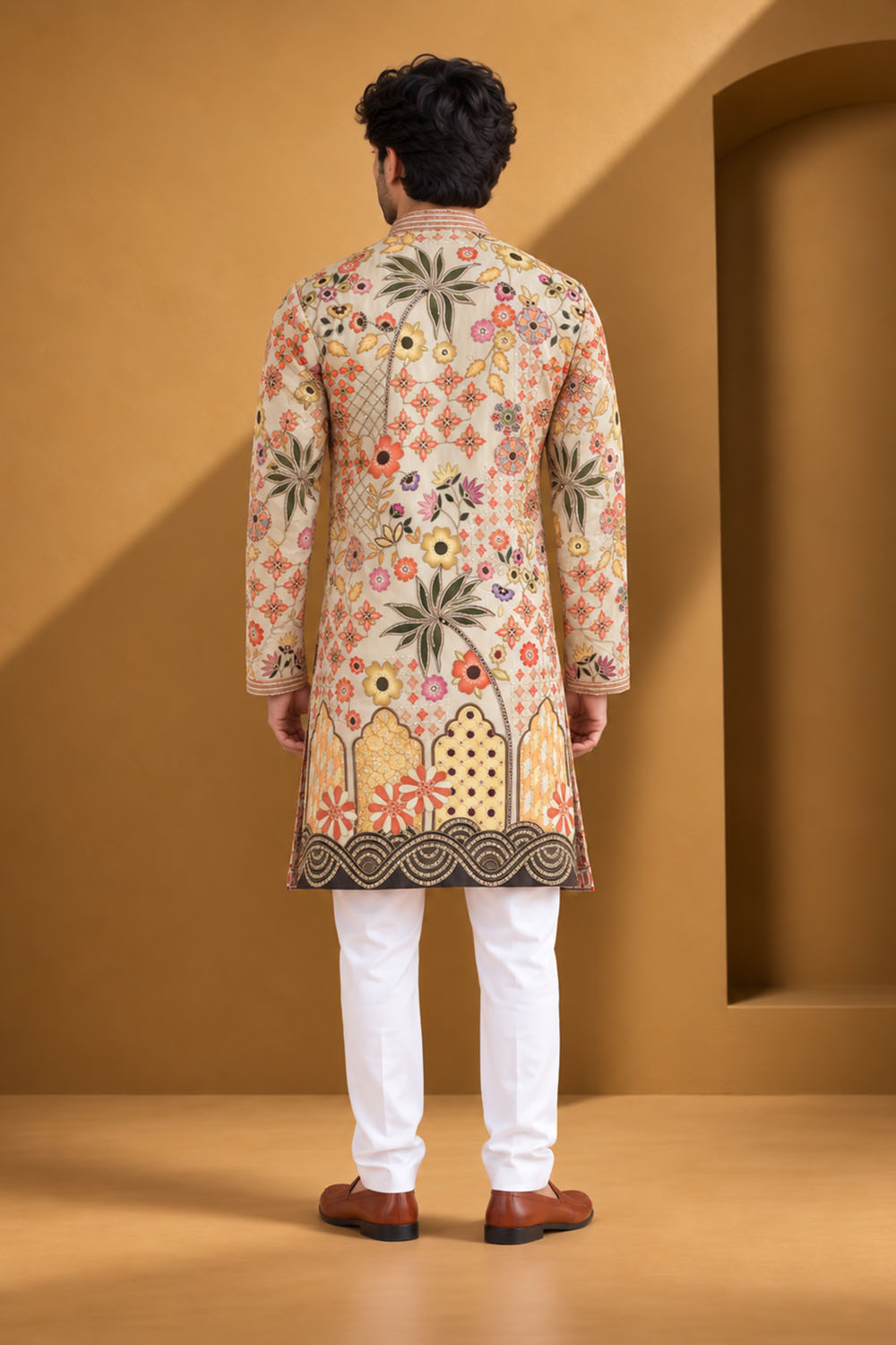 Party Wear Kurta Pajama Cream Multi Color Parallel Pant Style