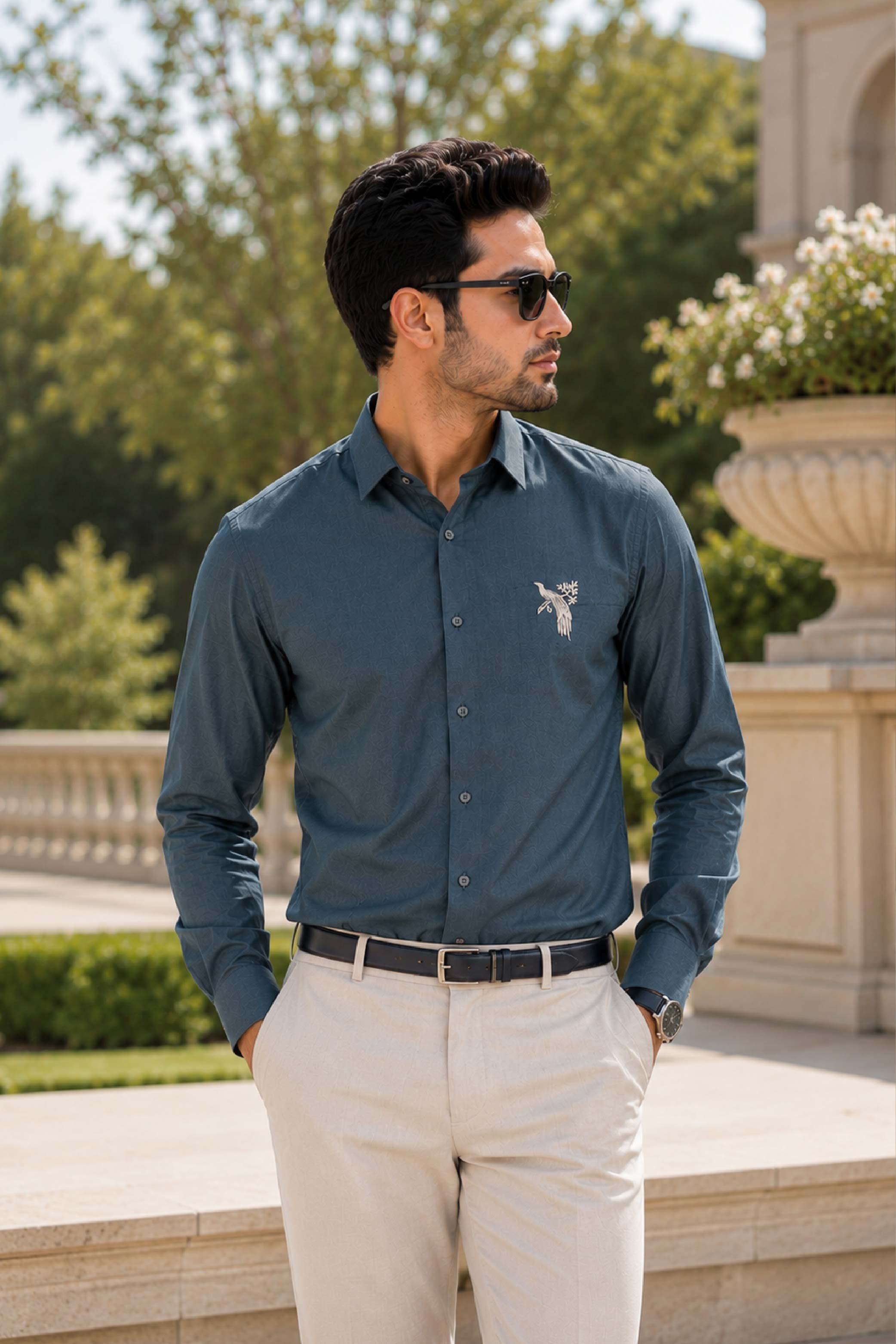 Green Linen Embroidery Regular Collar Designer FS Shirt for Men