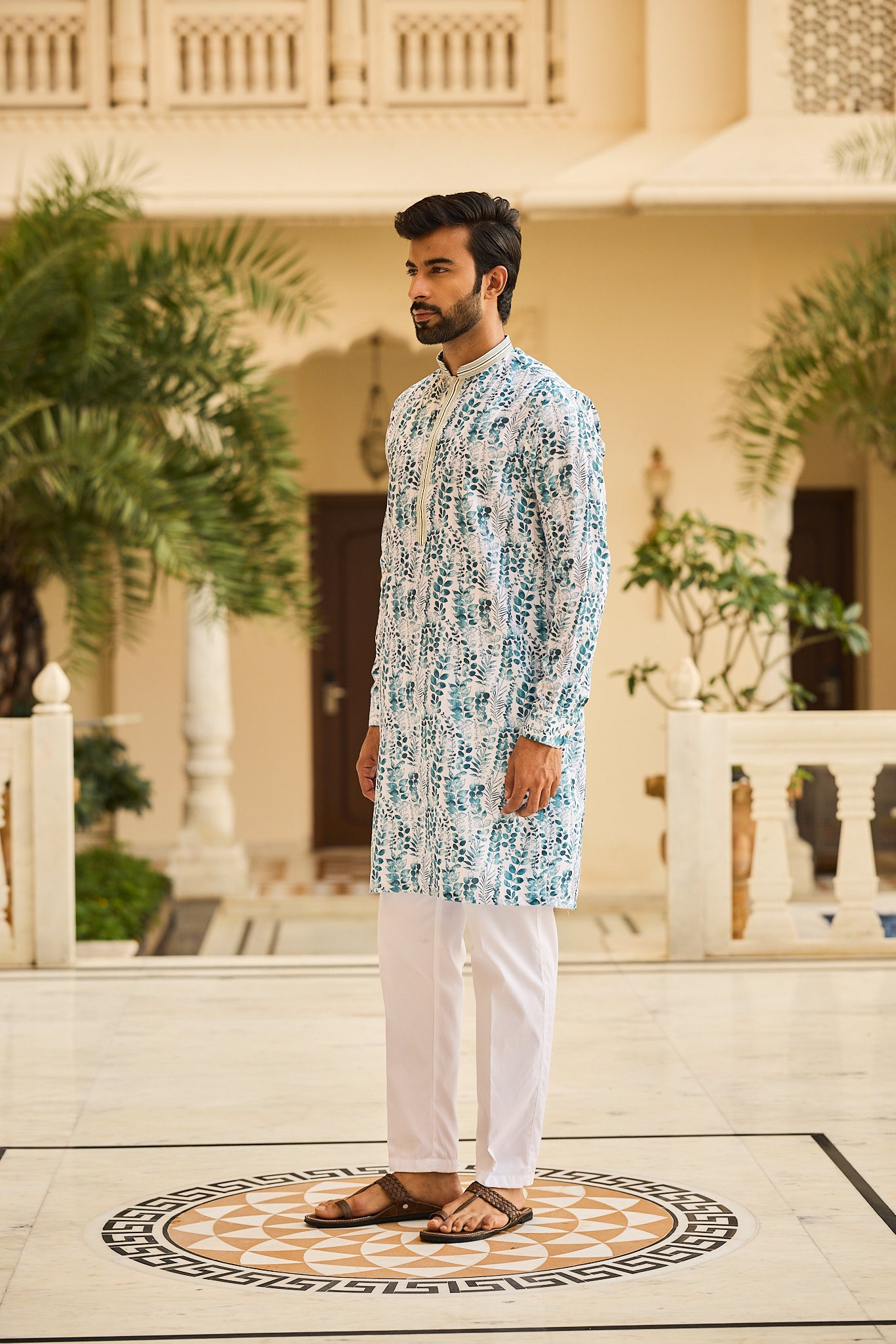 Mint Color Print Kurta Pajama for Men