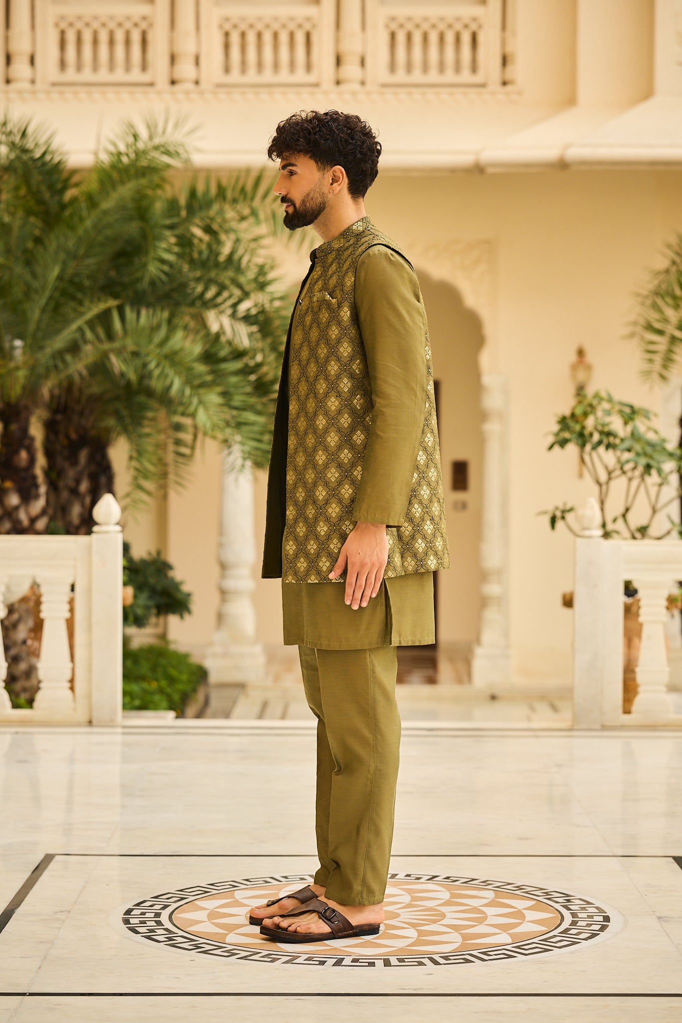 Mehendi Color Embroidery Long Jacket Kurta