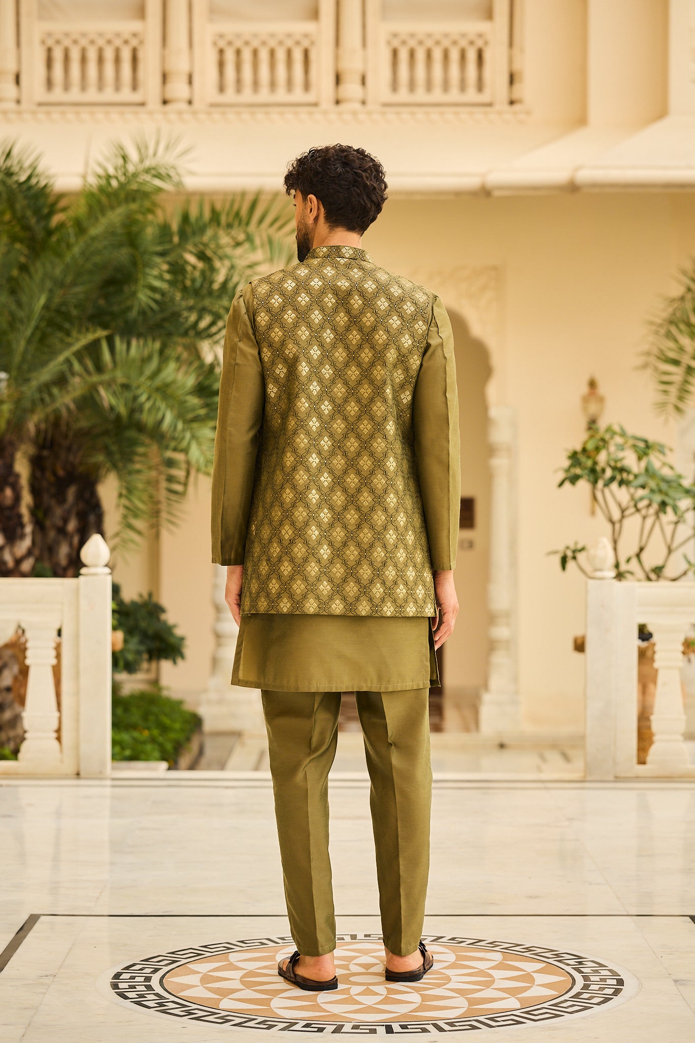 Mehendi Color Embroidery Long Jacket Kurta