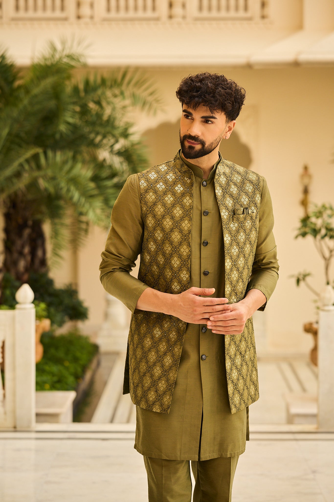 Mehendi Color Embroidery Long Jacket Kurta