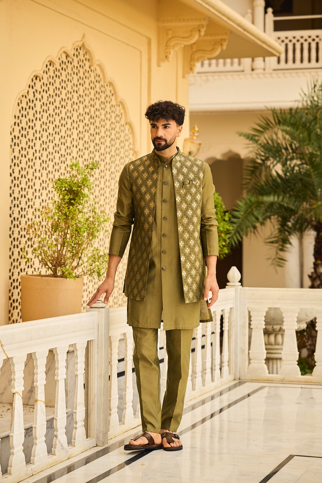Mehendi Color Embroidery Long Jacket Kurta
