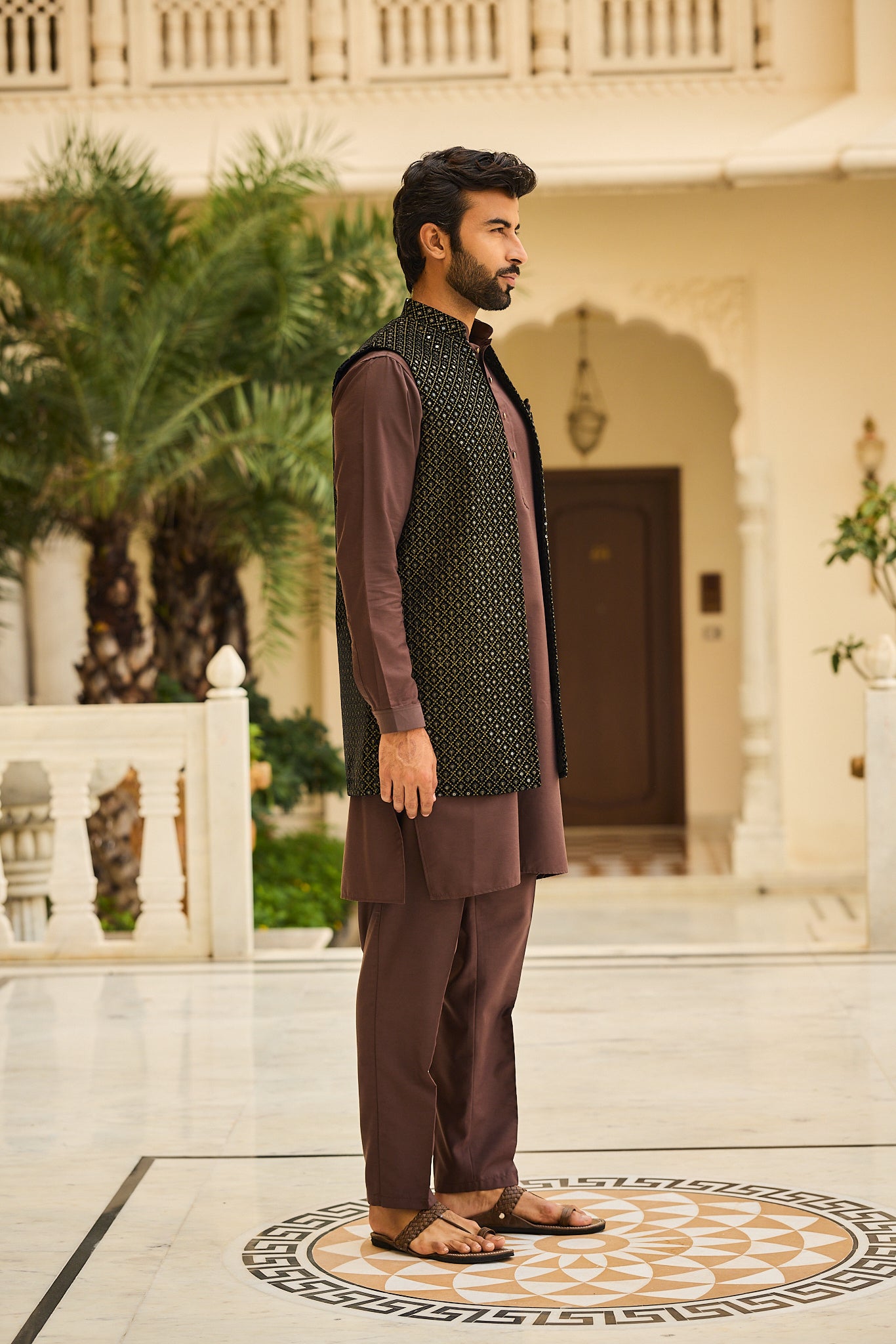 Brown Color Embroidery Long Jacket Kurta