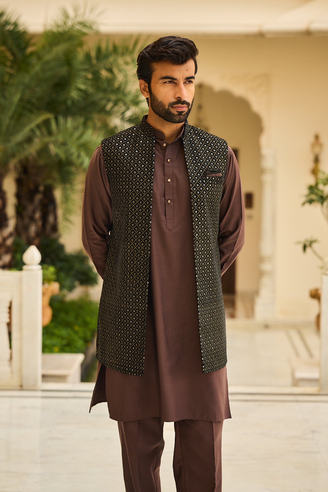 Brown Color Embroidery Long Jacket Kurta