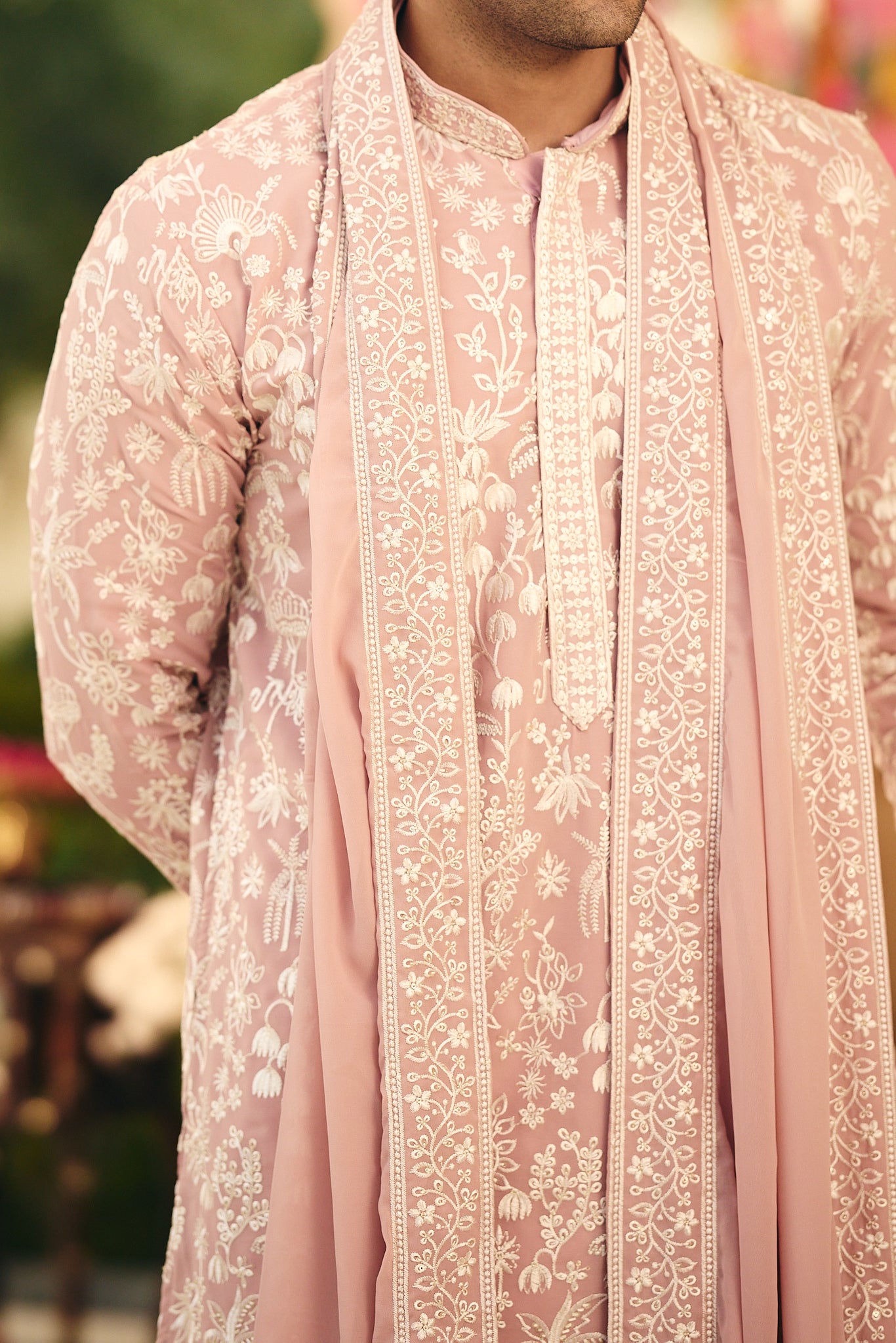 Onion Color Embroidery Kurta Pajama for Men