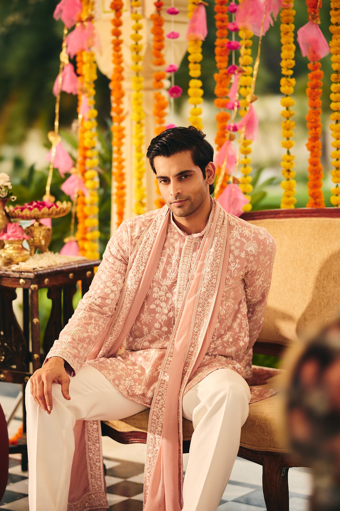 Onion Color Embroidery Kurta Pajama for Men