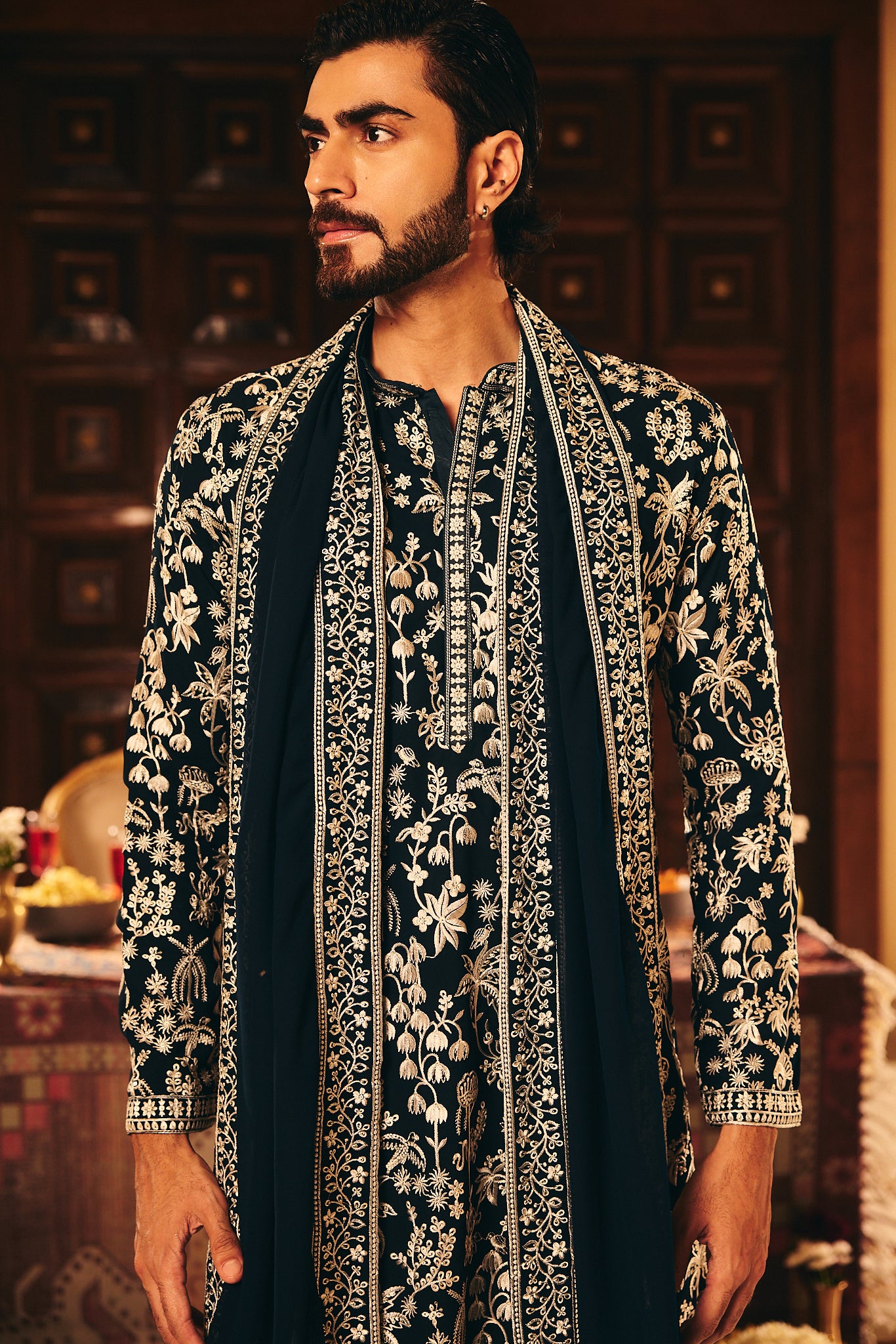 Navy Color Embroidery Kurta Pajama for Men