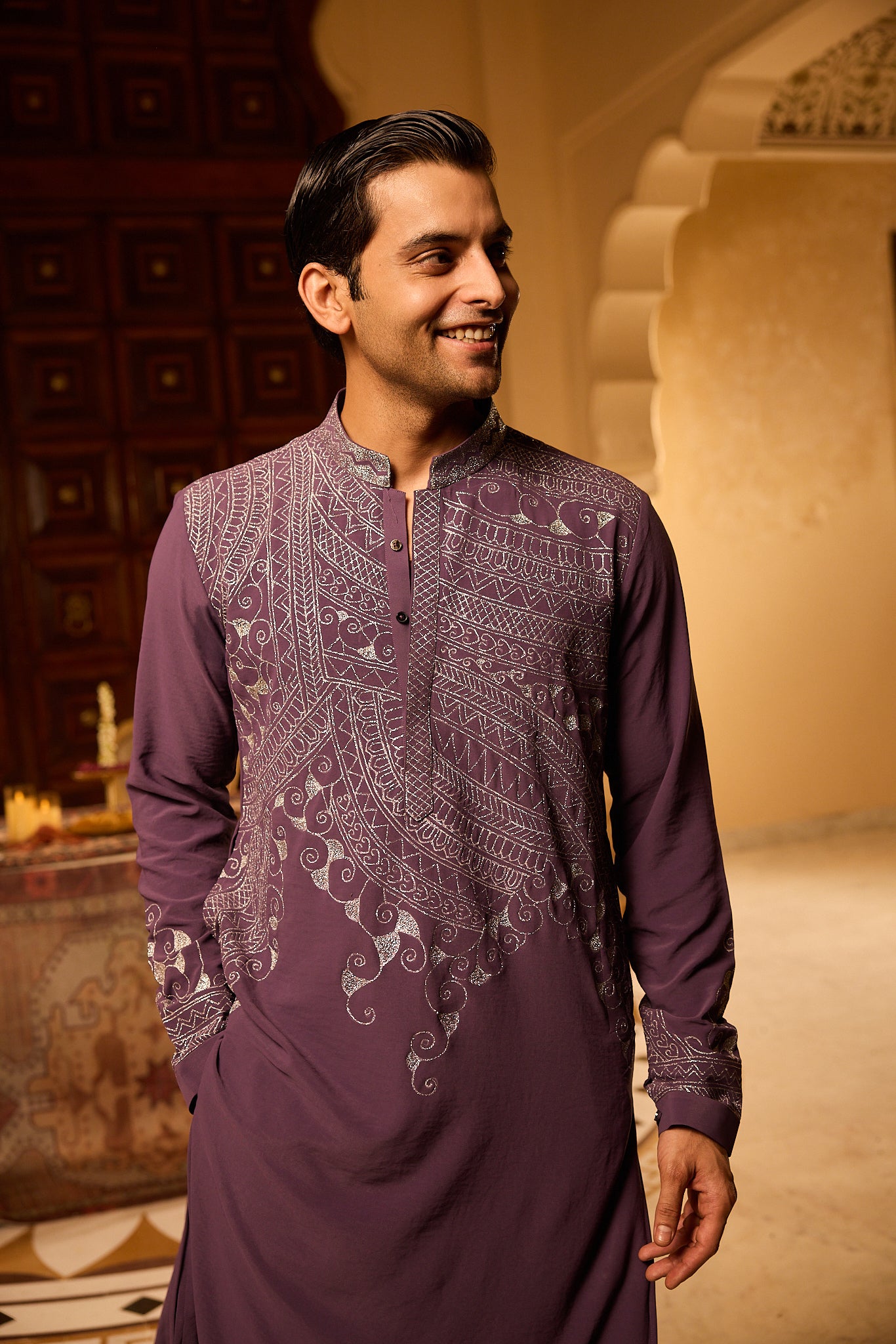 Purple Color Embroidery Designer Kurta Pajama for Men