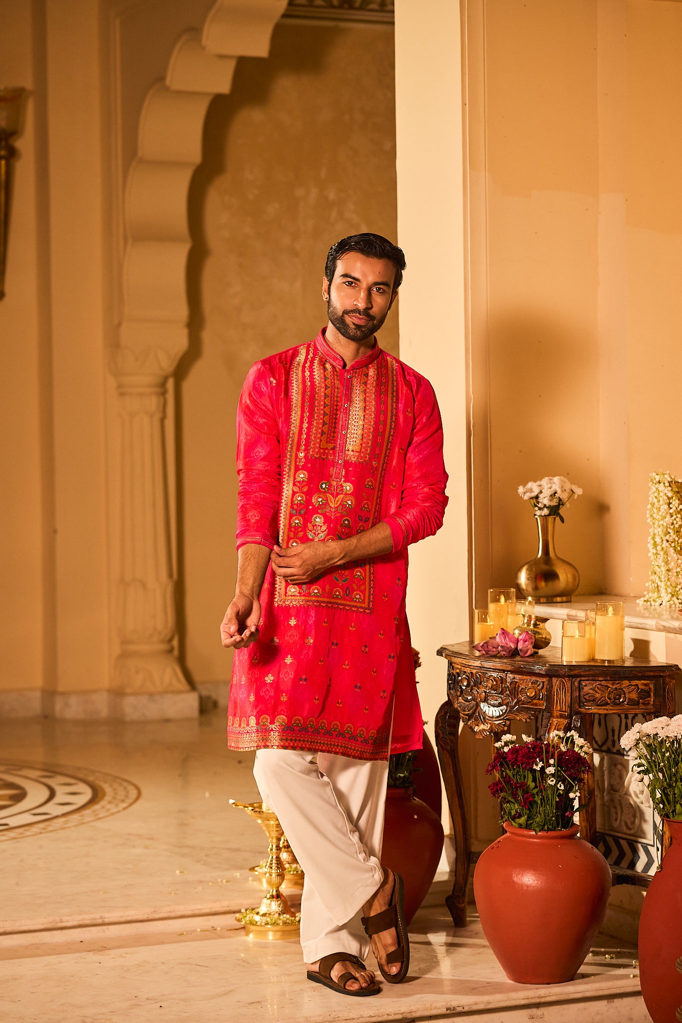 Red Color Jacquard Designer Kurta Pajama