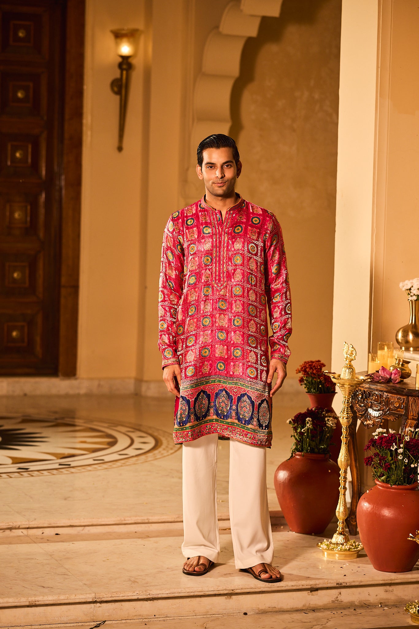 Rani Color Jacquard Designer Kurta Pajama