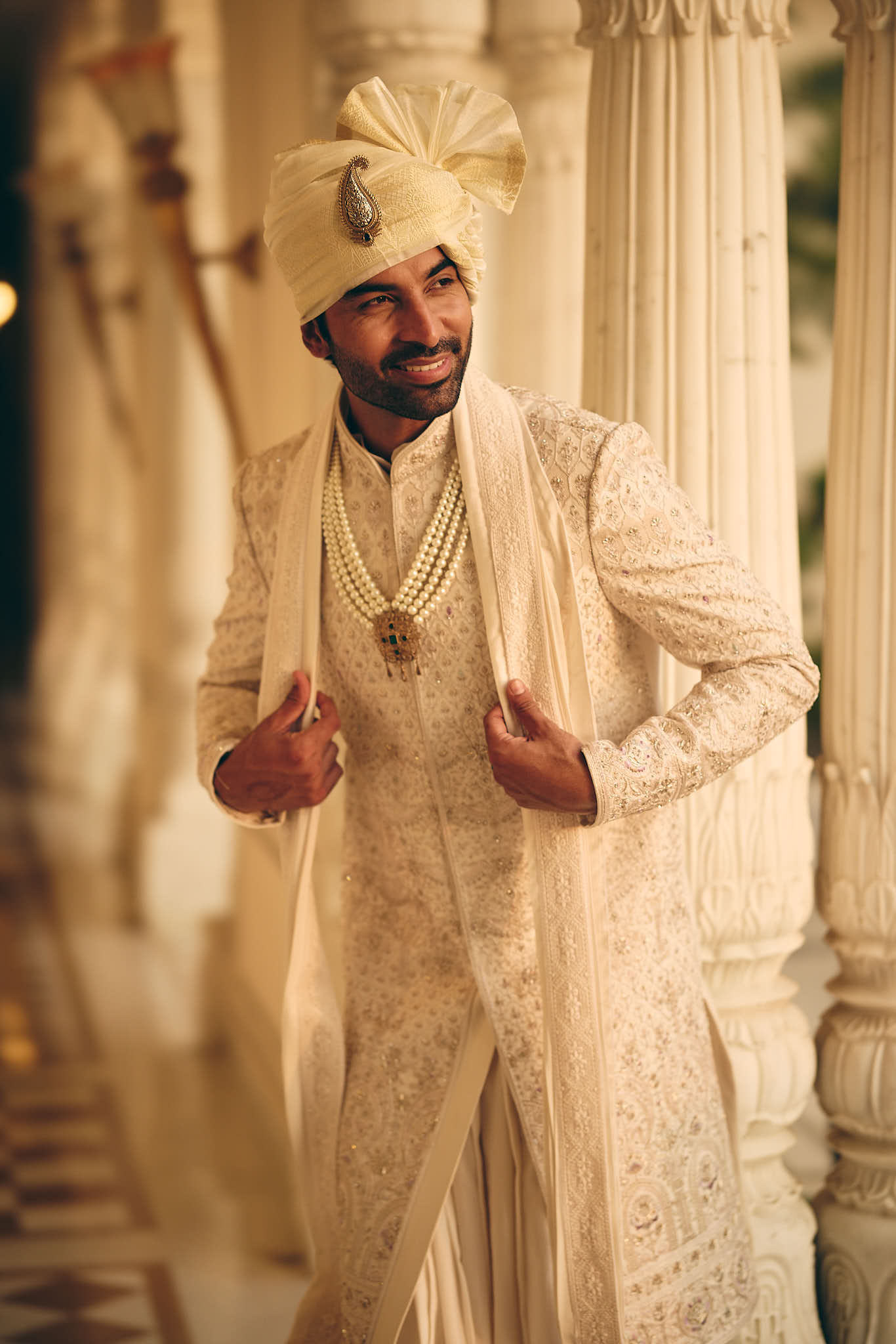 Fawn Lavender Color Jacquard Sherwani for Men