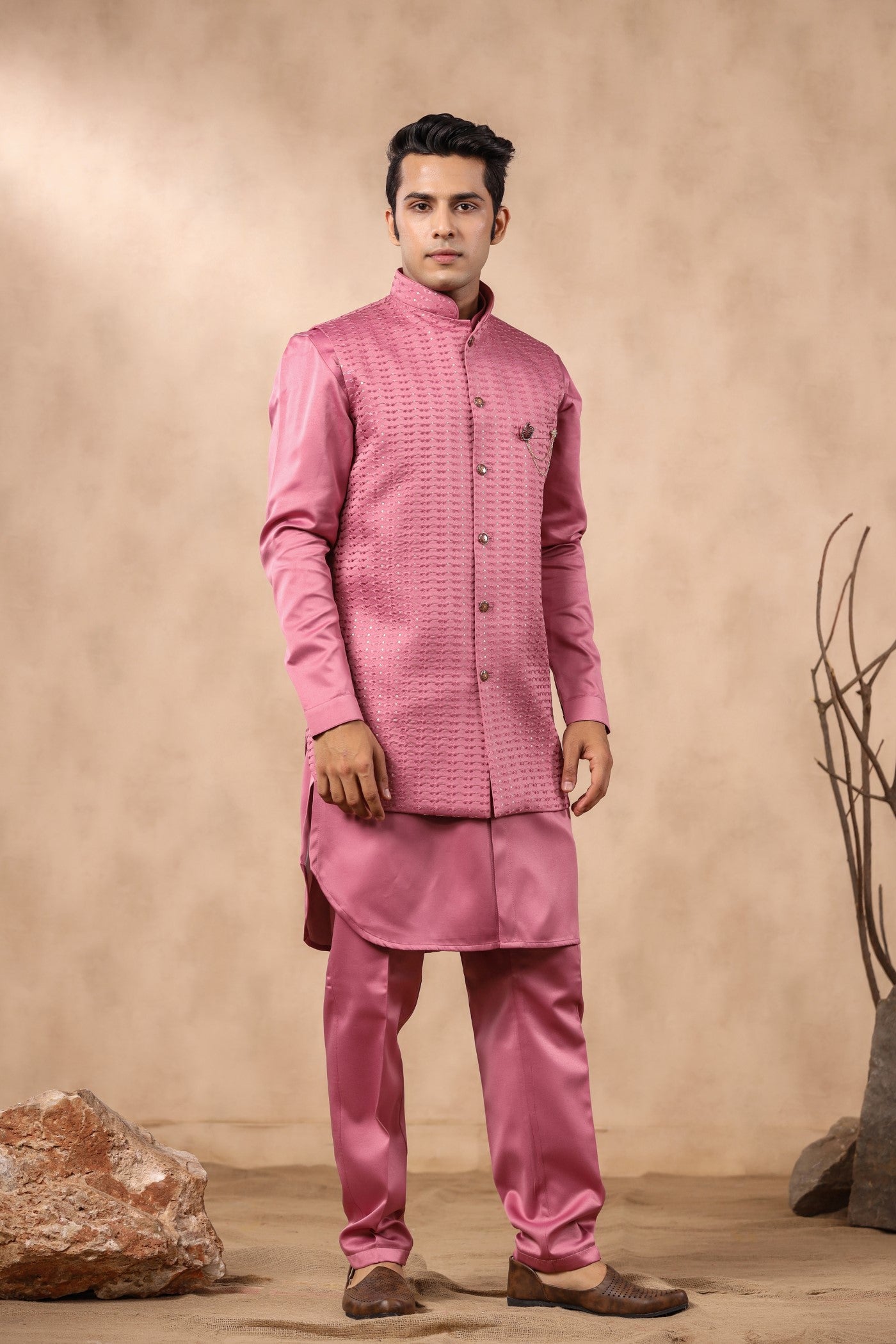 Onion Color Embroidery Long Jacket Kurta Set