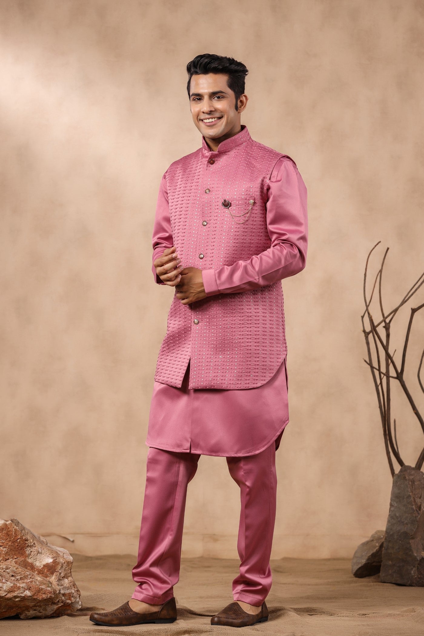 Onion Color Embroidery Long Jacket Kurta Set