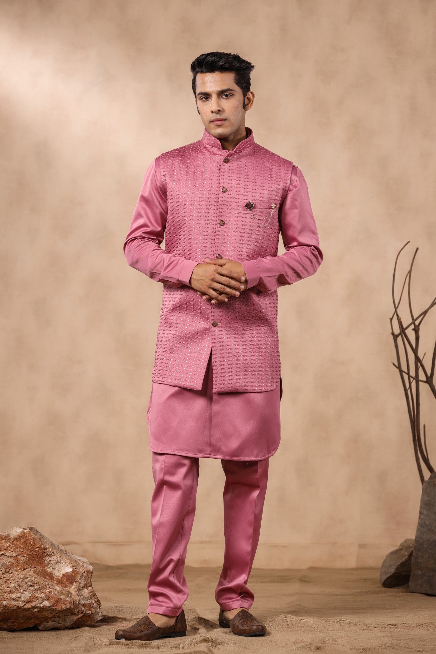 Onion Color Embroidery Long Jacket Kurta Set