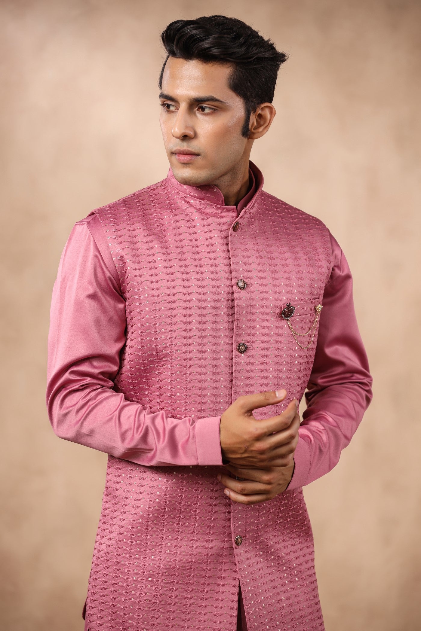 Onion Color Embroidery Long Jacket Kurta Set