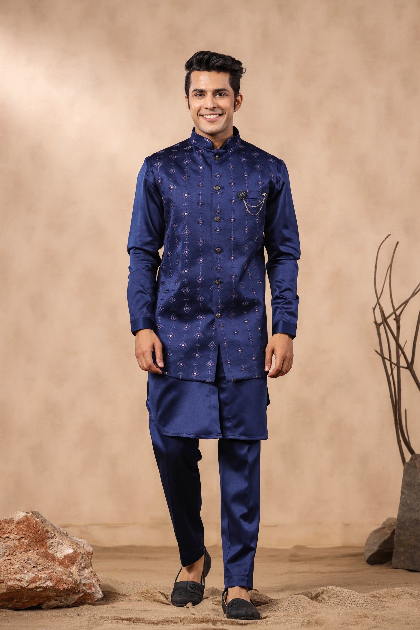 Navy Colour Embroidery Long Jacket Kurta