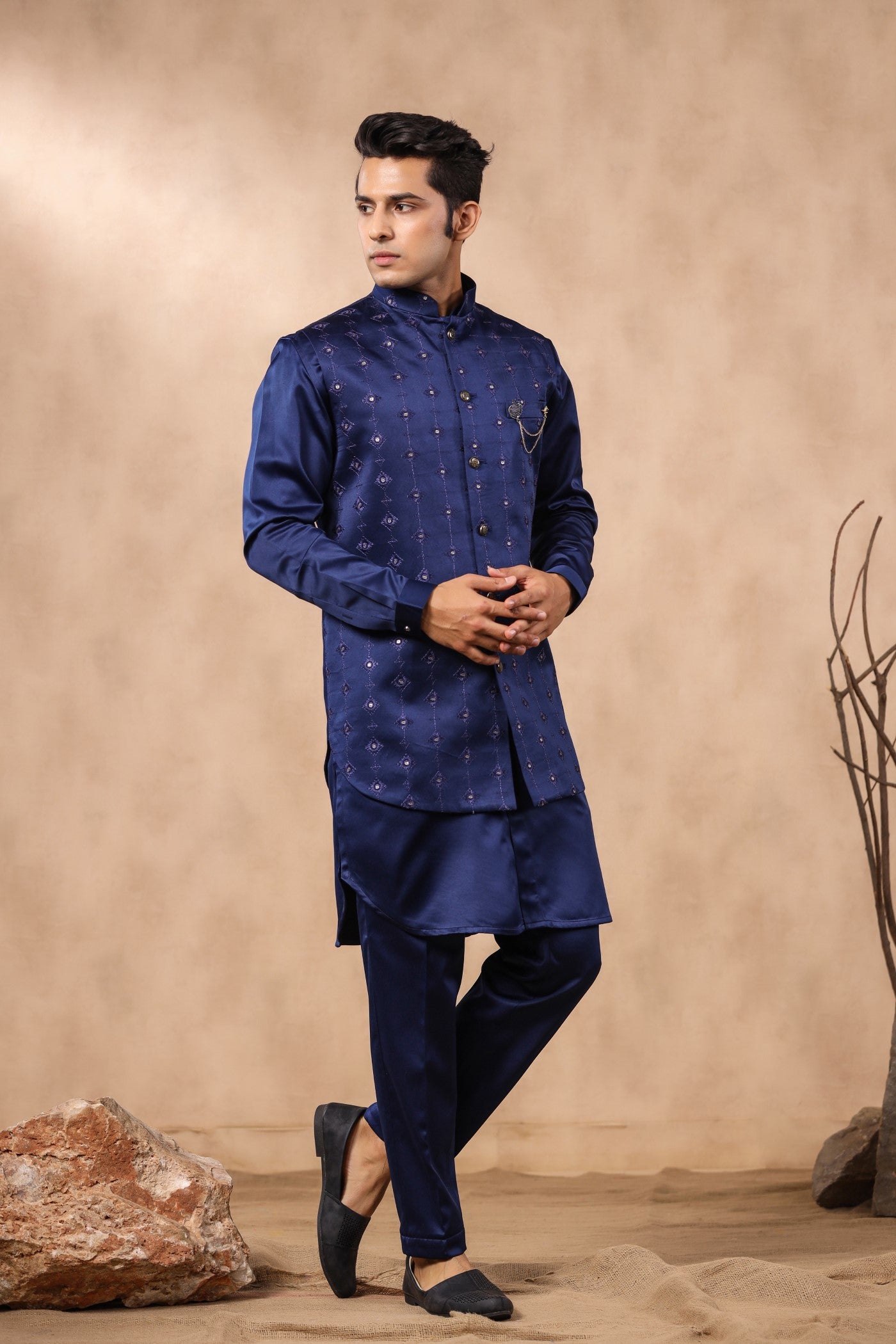 Navy Colour Embroidery Long Jacket Kurta